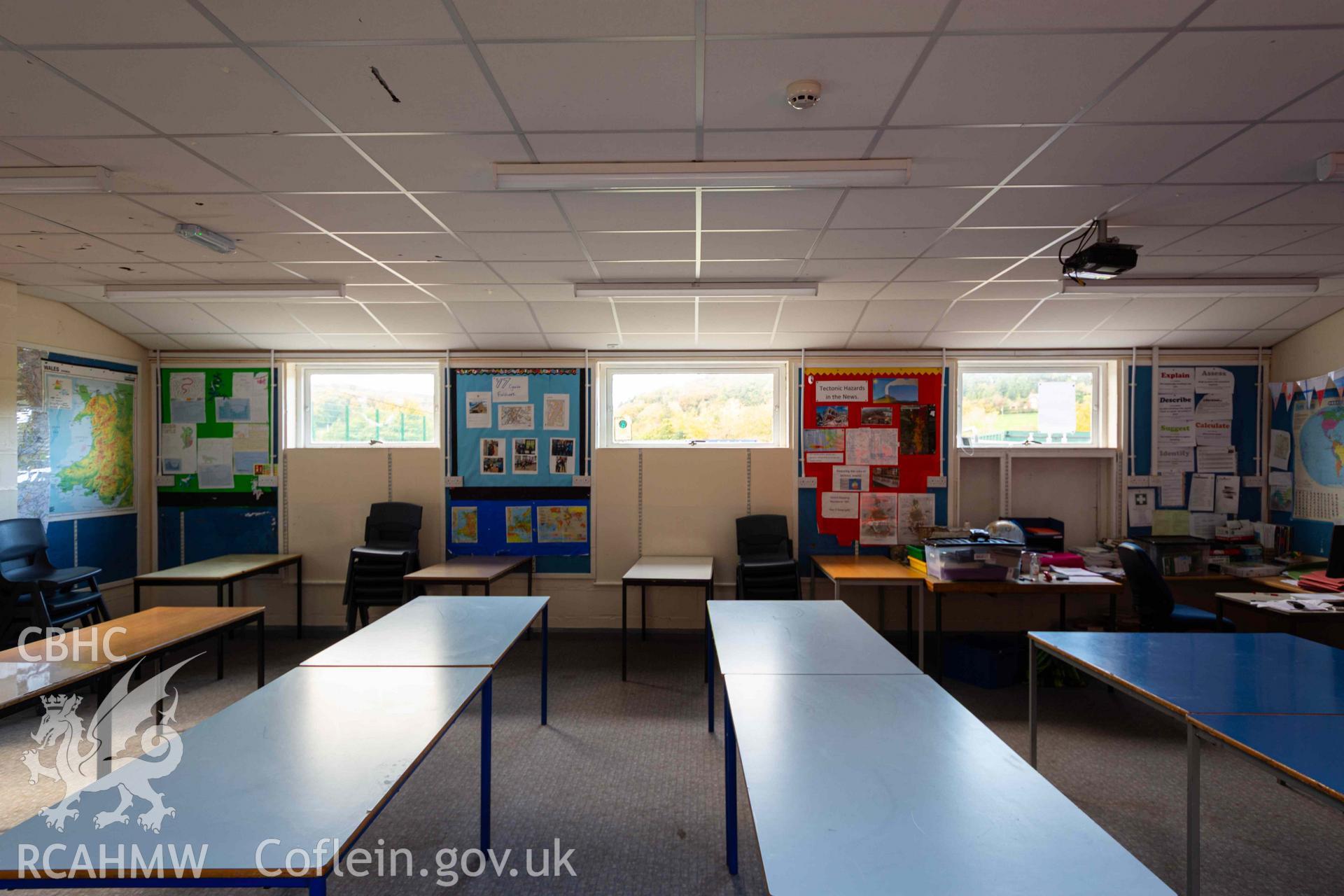 Geography classroom, view across class to high windows