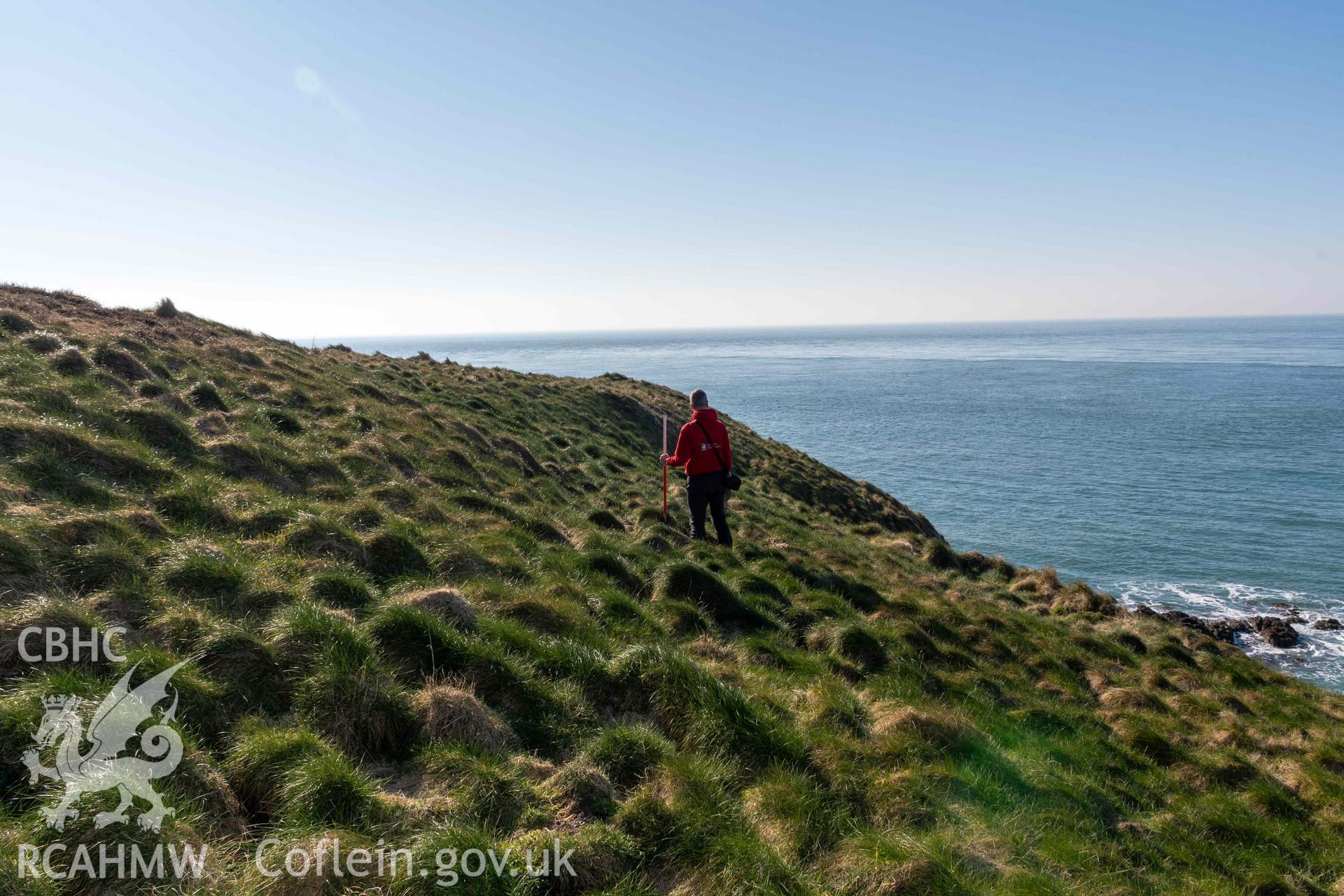 Ynys y Fydlyn. Rock cut platforms on the northern side of the western islet (with scale). View from the east.