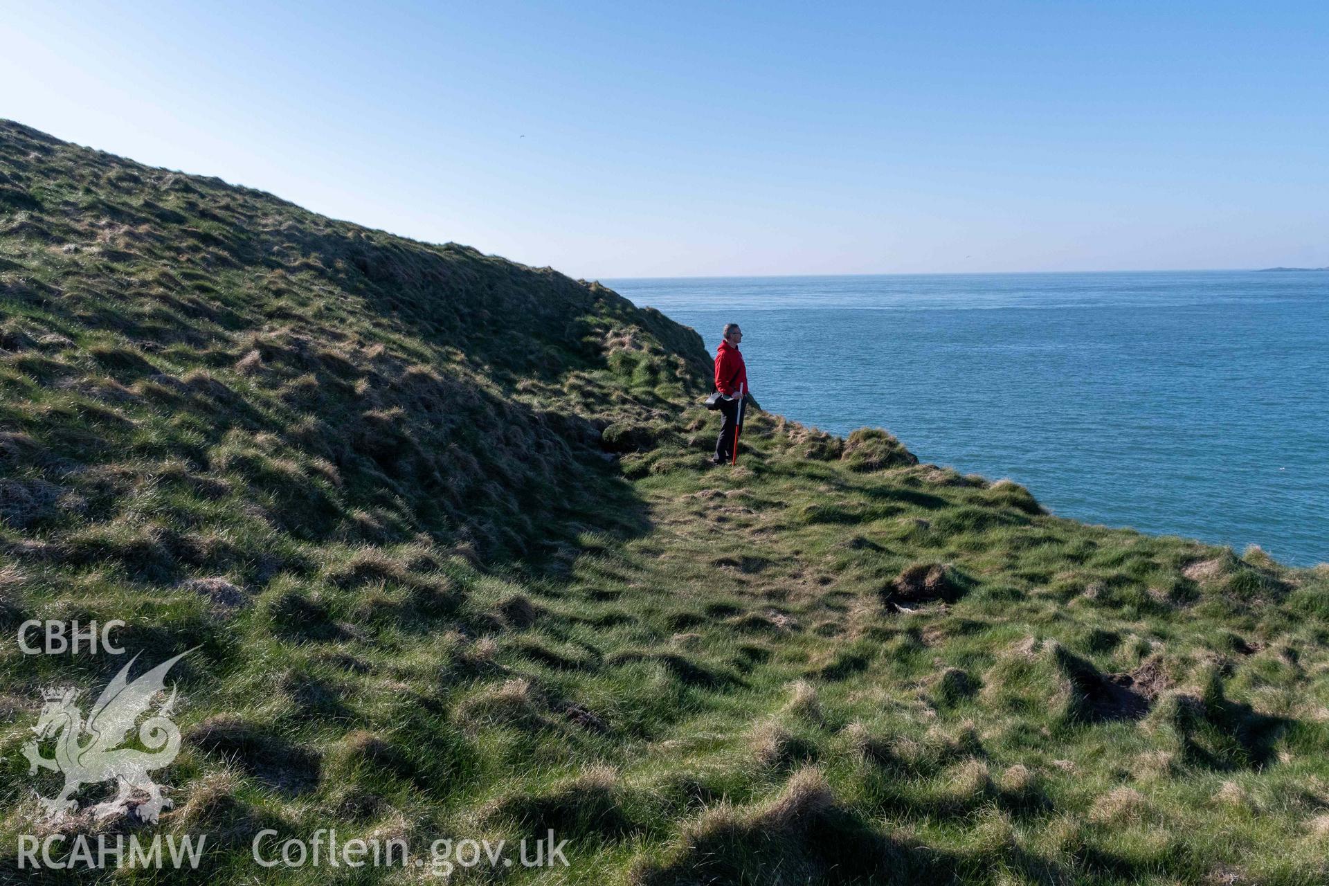 Ynys y Fydlyn. Rock cut platforms on the northern side of the western islet (with scale). View from the east.