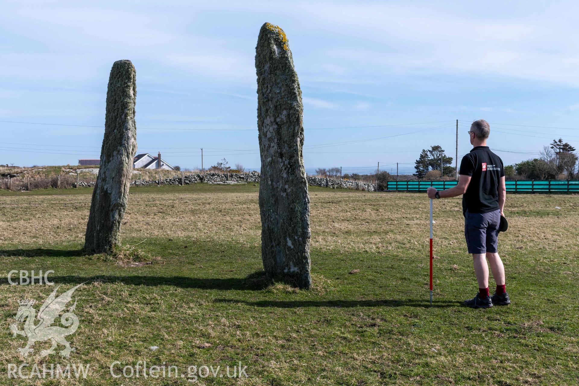 Penrhosfeilw Standing Stone from the west (with scale).