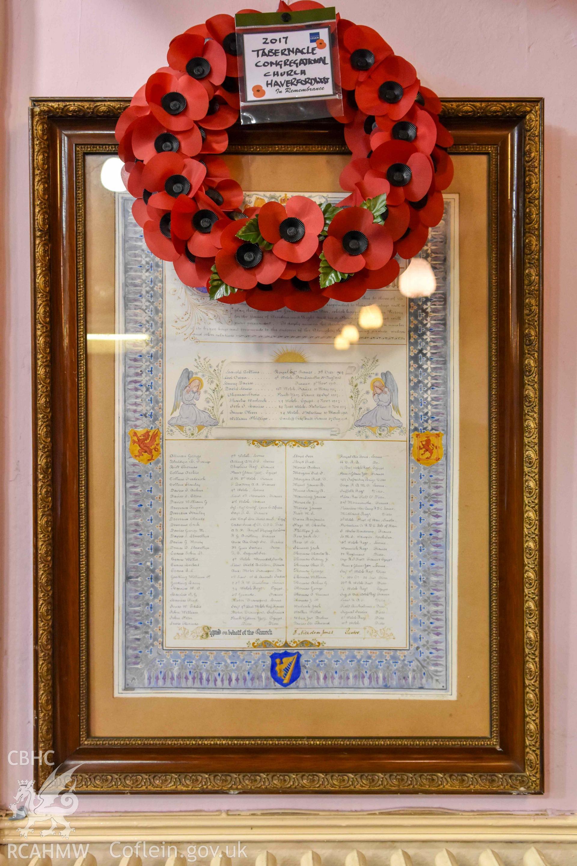 Tabernacle English Congregational Church - View of a memorial to those from the church who died in the First World War