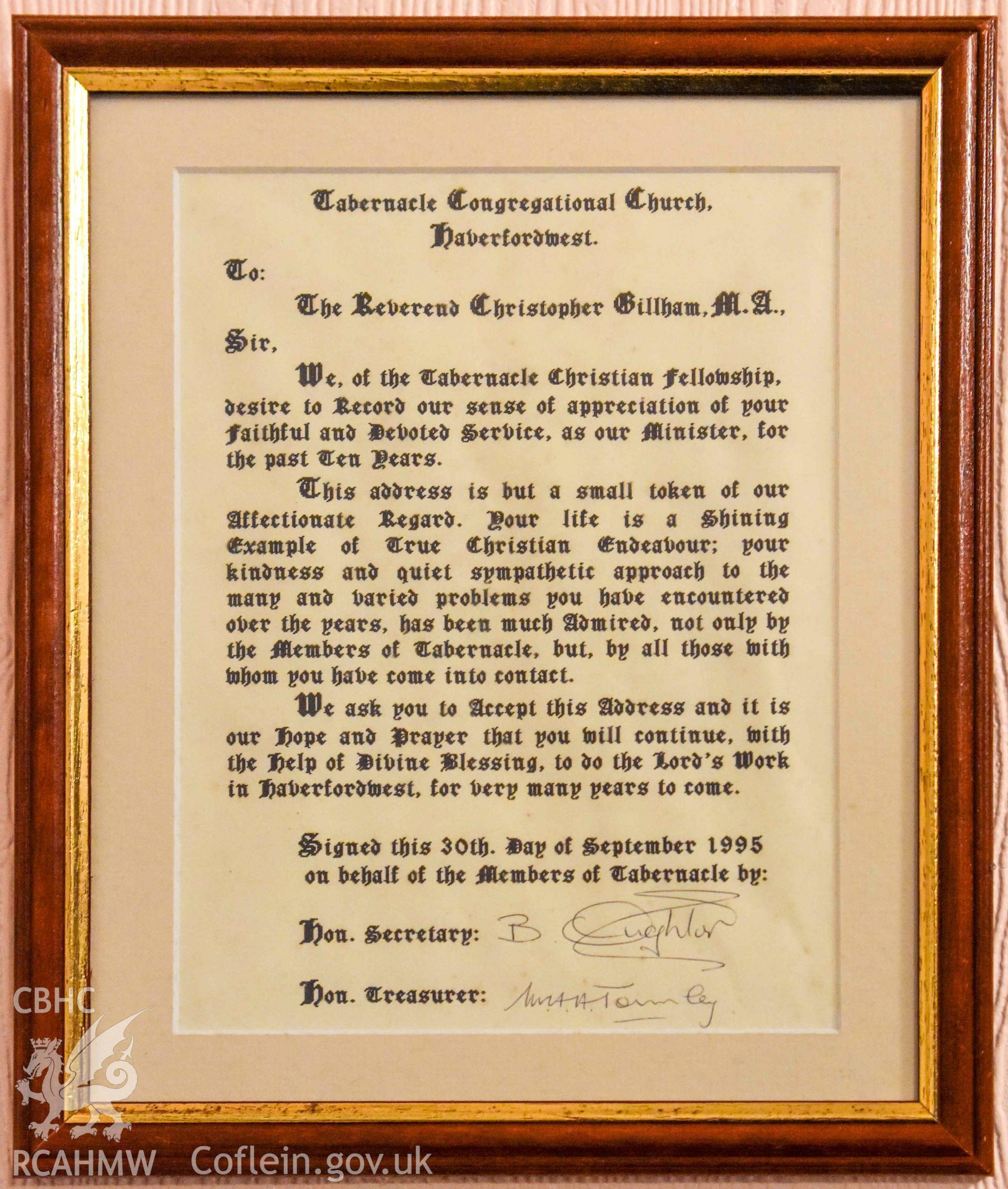 Tabernacle English Congregational Church - Detailed view of a letter of thanks to the Reverend Christopher Gillham, M. A., for his service to the church