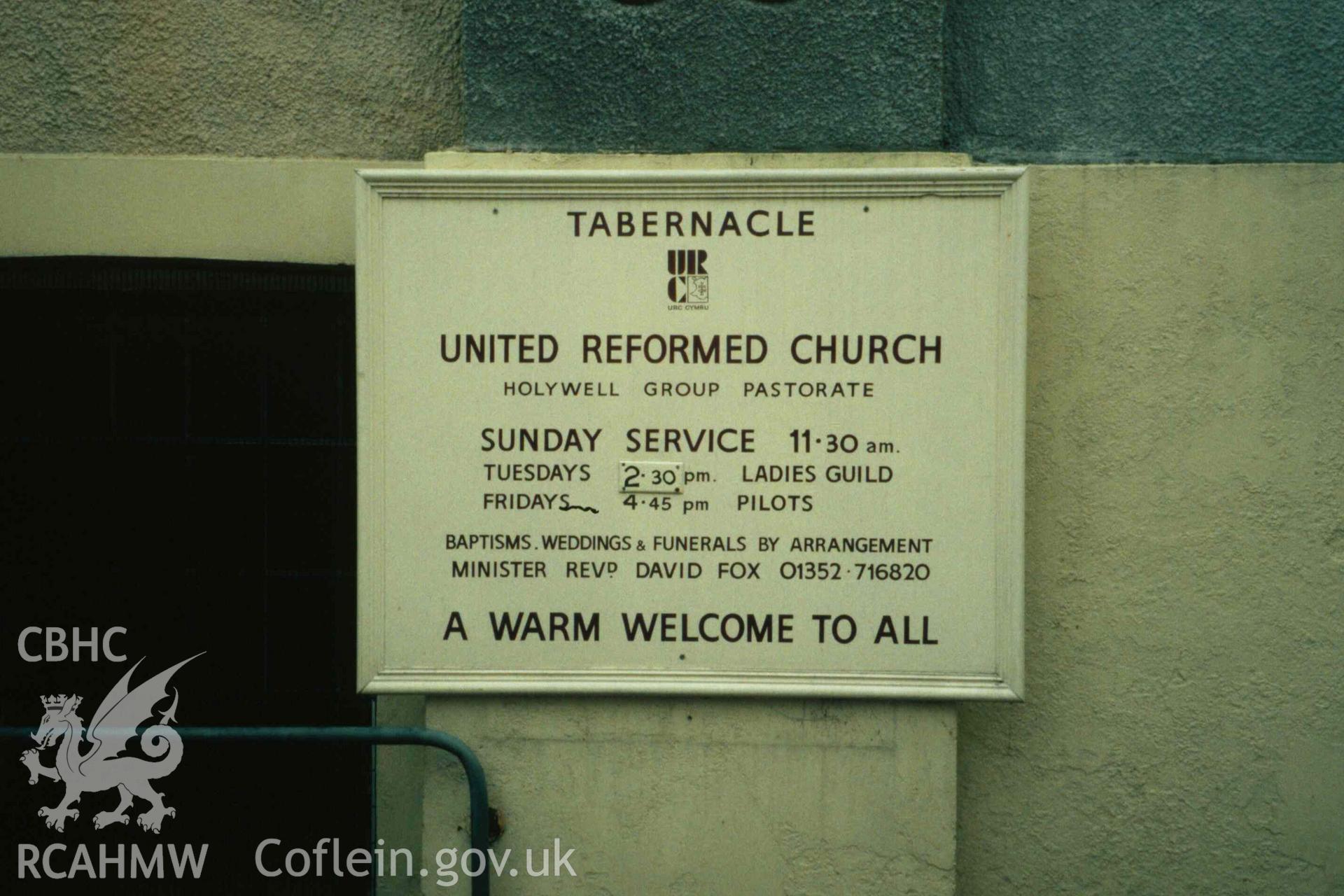 Tabernacle Congregational Chapel,  Holywell, noticeboard of Tabernacle United Reform Church in 2001