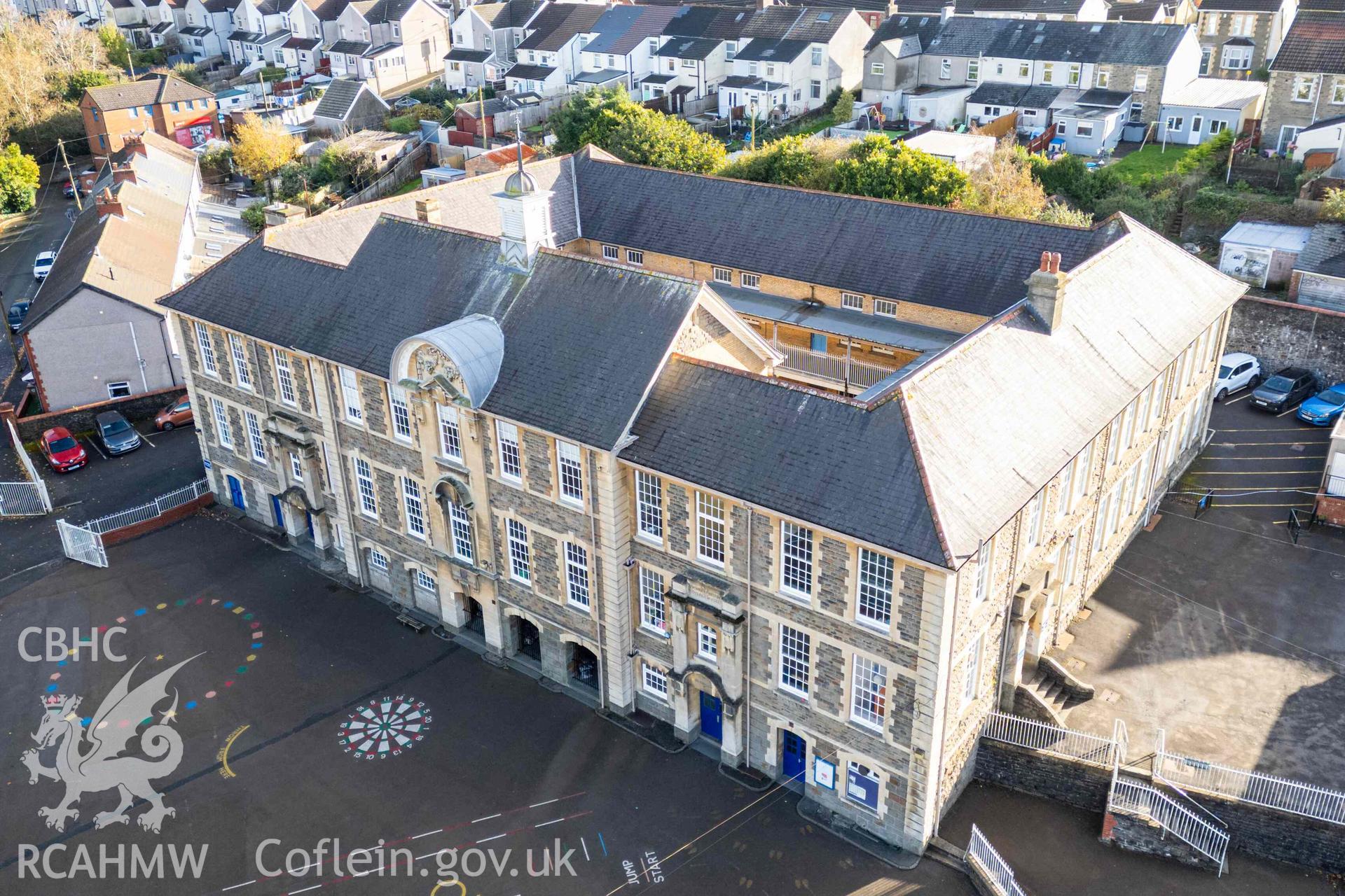 Aerial oblique looking down at Twyn School from north west corner