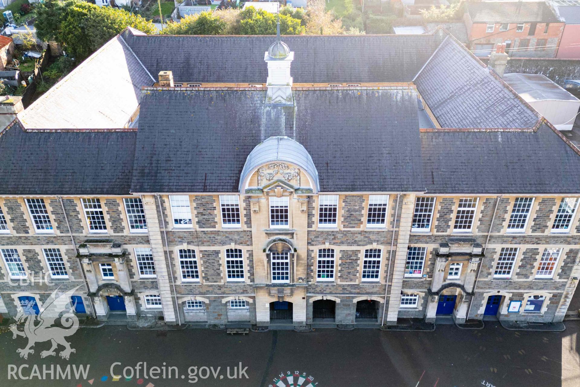 Aerial oblique of front (north) elevations of Twyn School