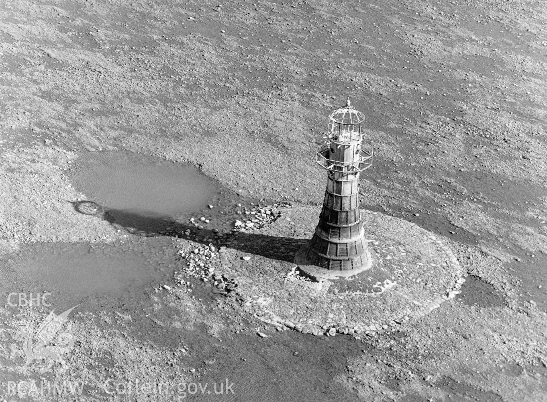 RCAHMW Black and white oblique aerial photograph of Whitford Point Lighthouse, Llangenith, Llanmadoc and Cheriton, taken by C.R. Musson, 29/03/94