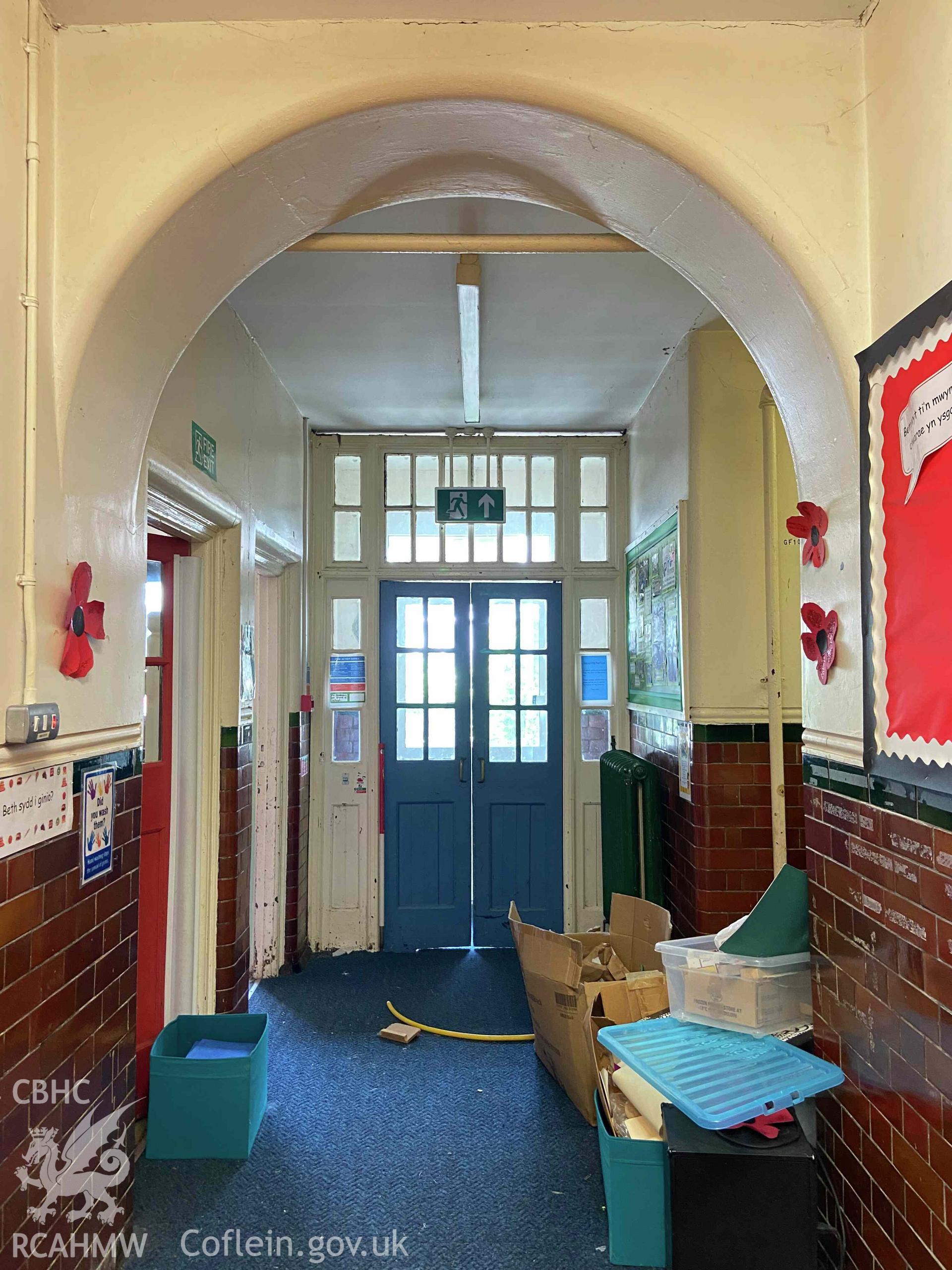 Photograph showing Corridor to north-east of Junior Block, Room 11, view north-east. from a Level 2 Building Recording for Godre’rgraig Primary School, Godre’rgraig, Swansea. Dated 2023. Project: AW3096.