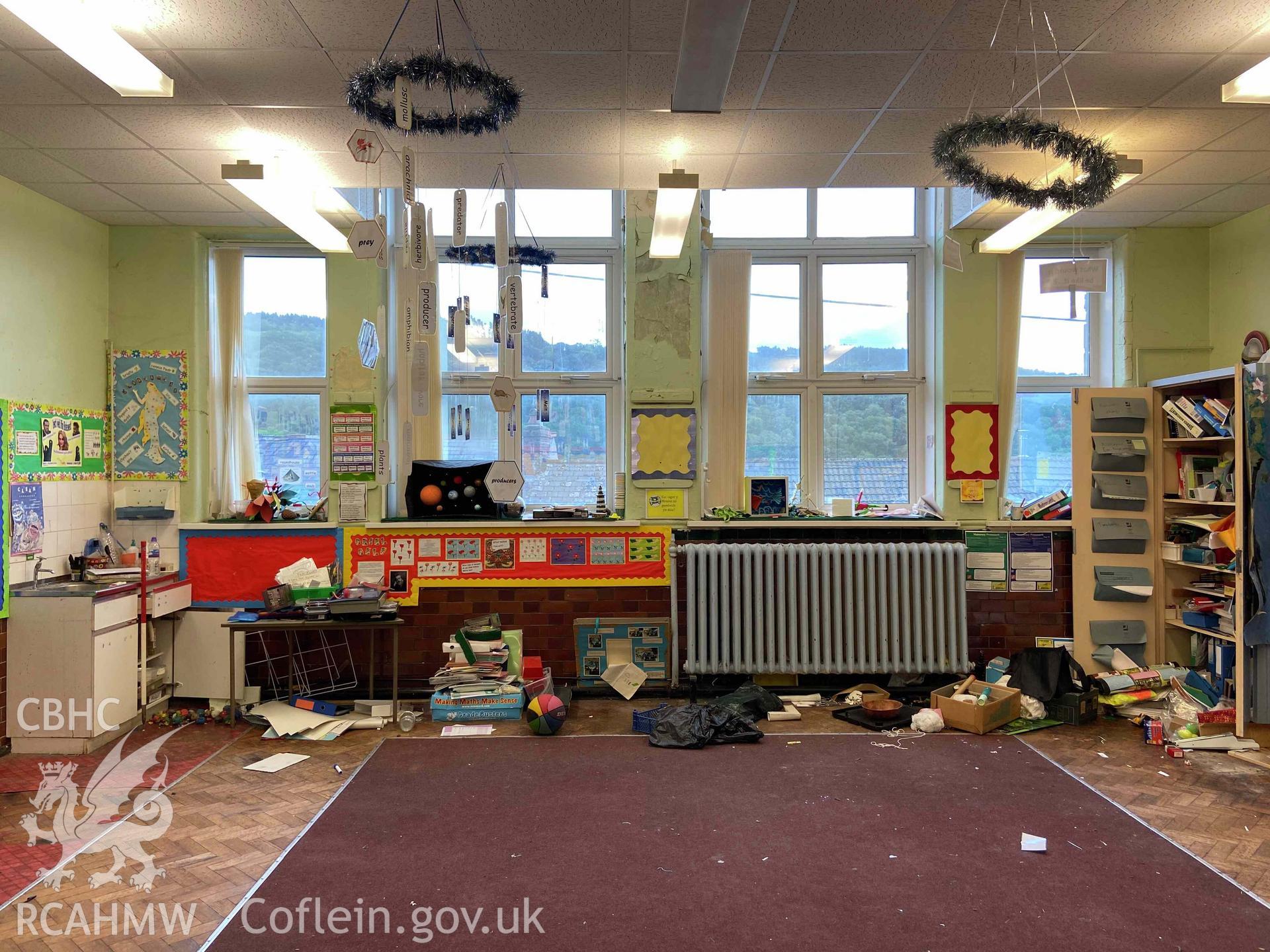 Photograph showing  Room 9, view south-east. from a Level 2 Building Recording for Godre’rgraig Primary School, Godre’rgraig, Swansea. Dated 2023. Project: AW3096.