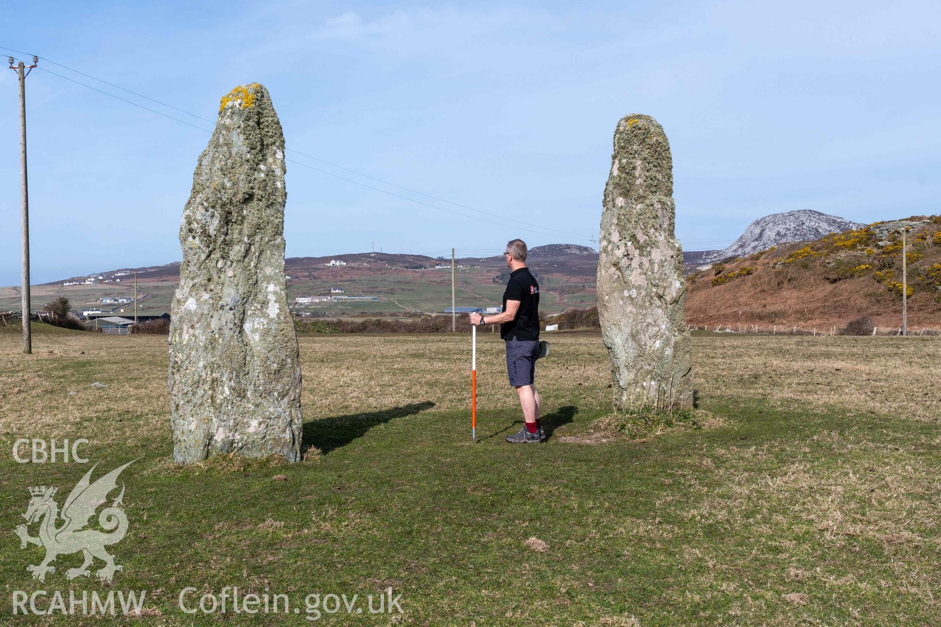 Penrhosfeilw Standing Stone from the south (with scale).