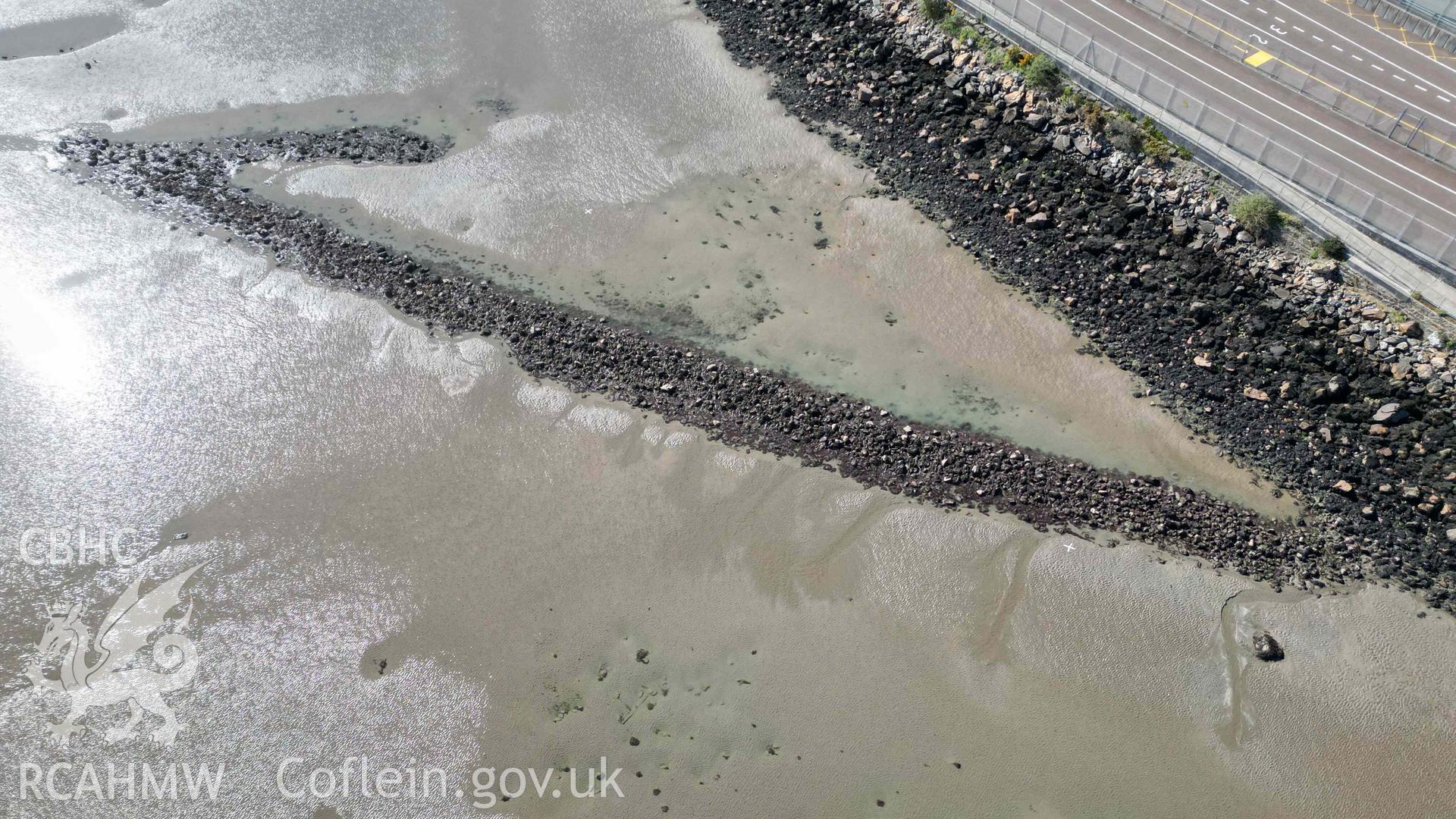 Oblique view of Goodwick Fish Trap 1 at low water on 30/03/2025, looking southwest.