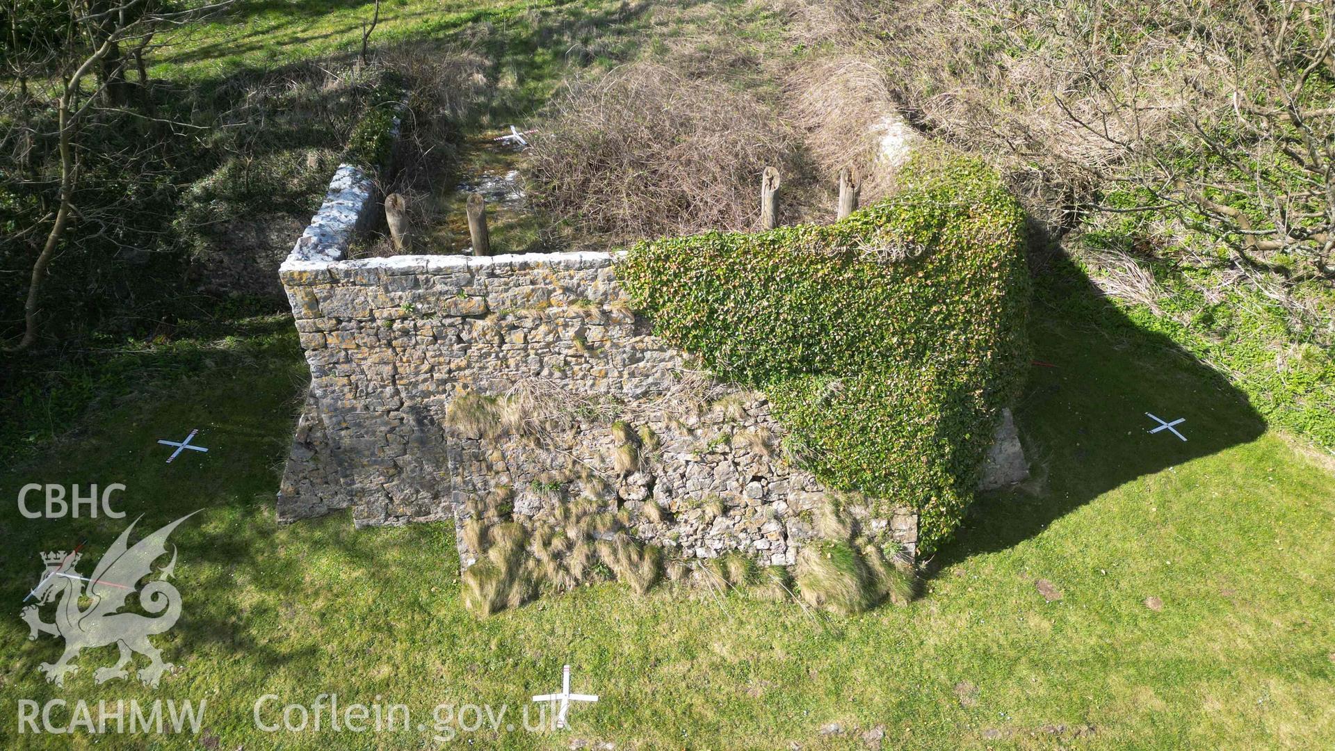 Oblique view of the lime kiln at Stackpole Quay, on 31/03/2025.