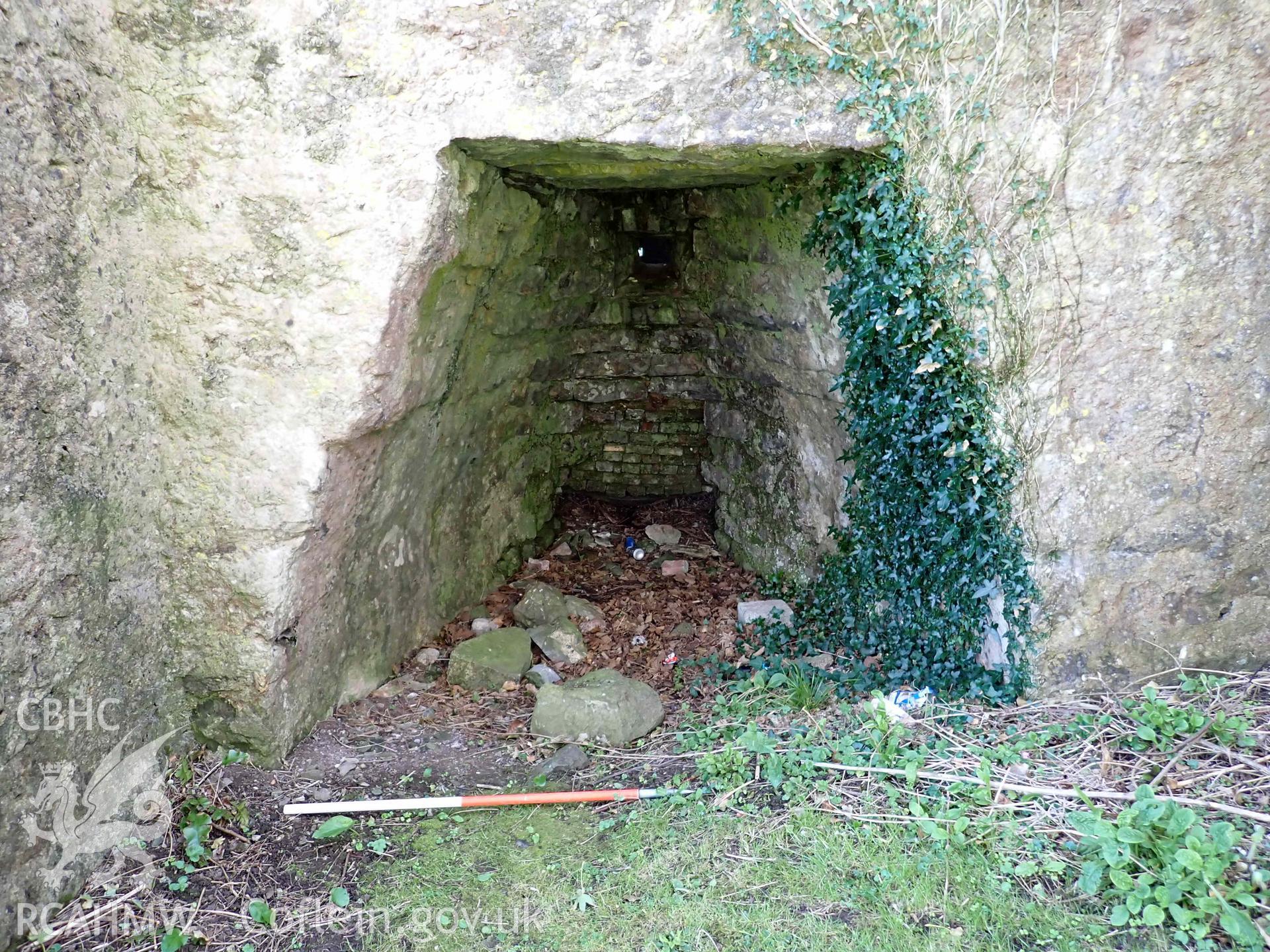 The northern kiln-eye of the lime kiln at Stackpole Quay, on 31/03/2025. Scale is 1m.