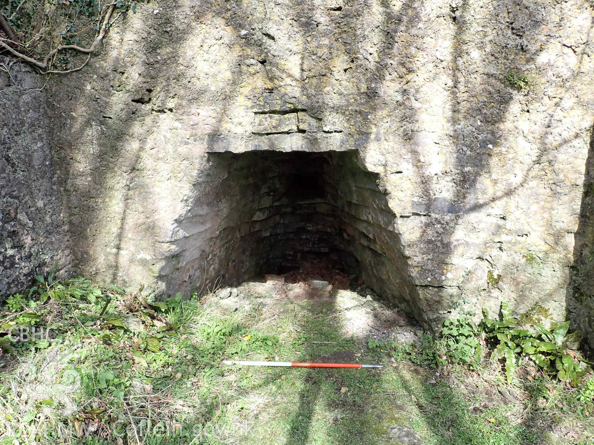 The southern kiln-eye of the lime kiln at Stackpole Quay, on 31/03/2025. Scale is 1m.