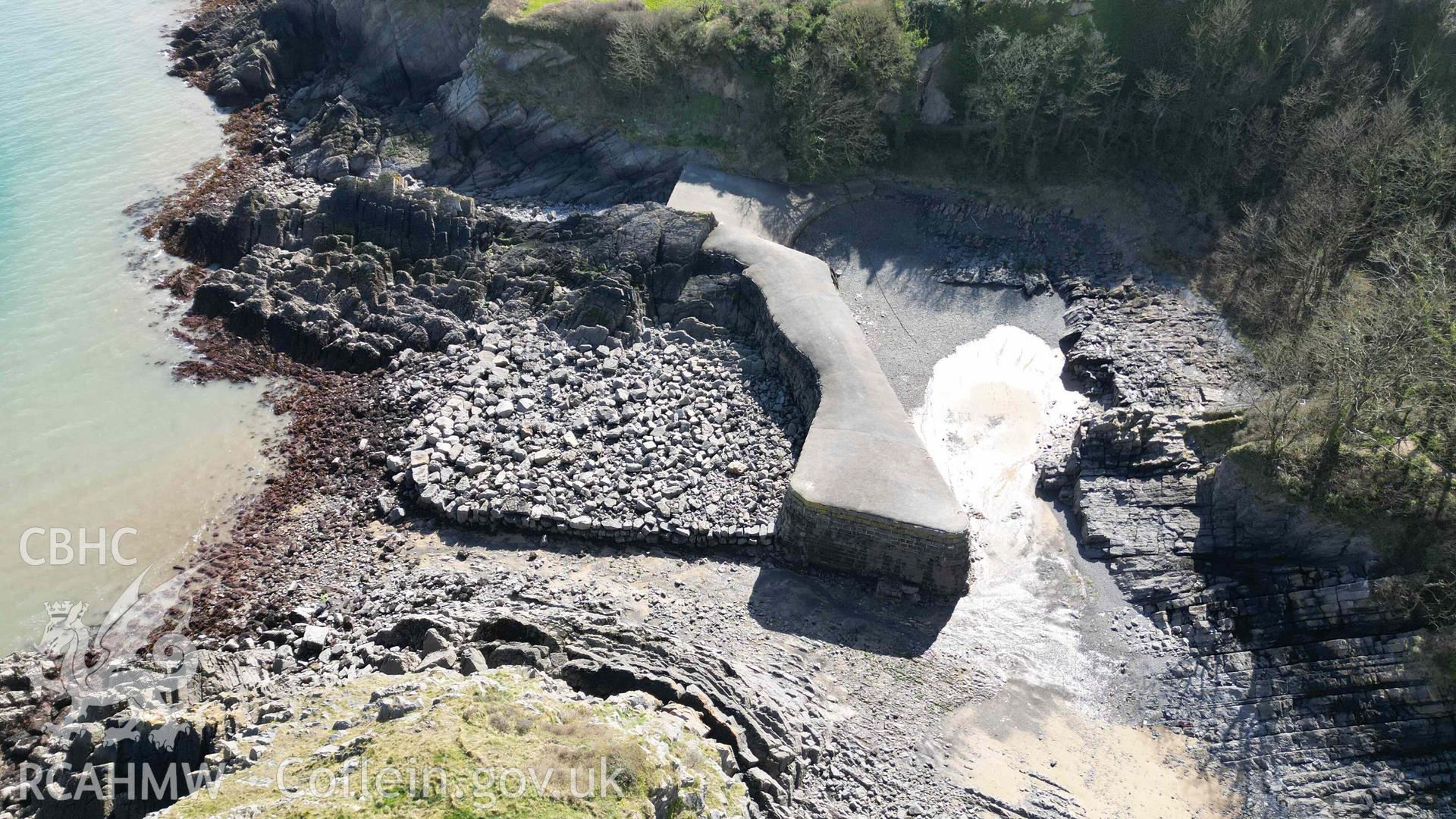 Oblique view of the harbour at Stackpole Quay, looking south on 31/03/2025.