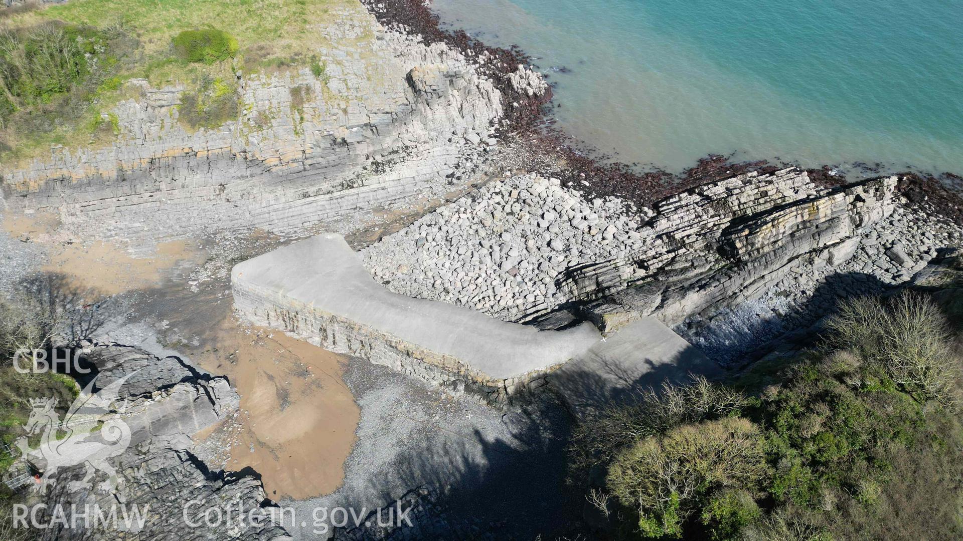 Oblique view of the harbour at Stackpole Quay, looking northeast on 31/03/2025.