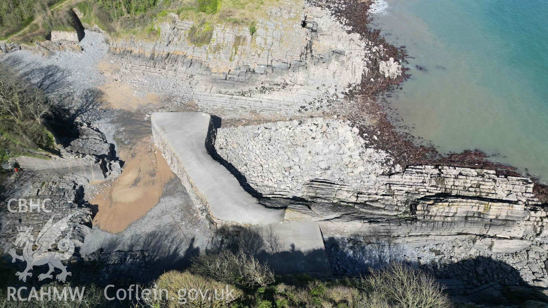 Oblique view of the harbour at Stackpole Quay, looking north on 31/03/2025.