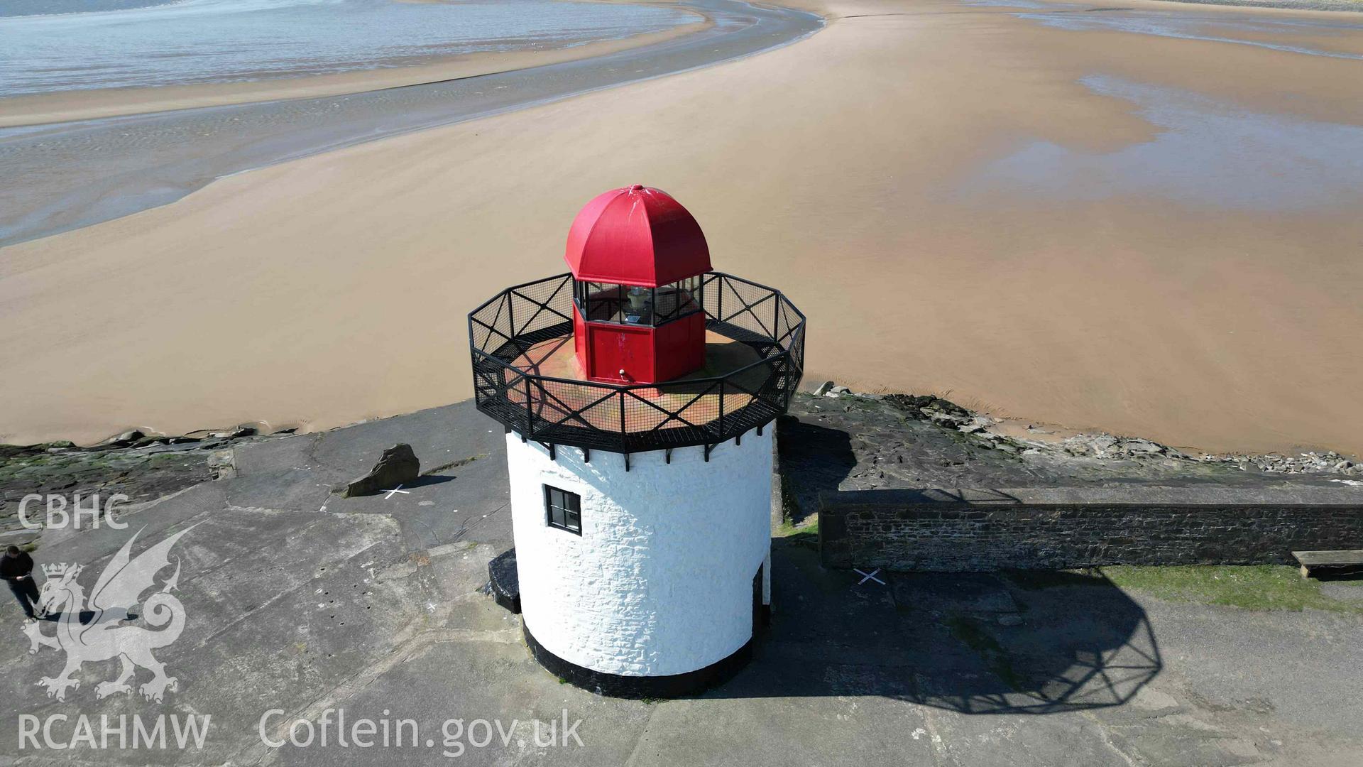 Oblique view of Burry Port Lighthouse, looking west on 01/04/2025.