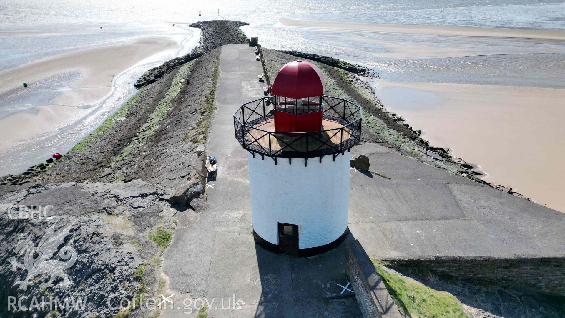 Oblique view of Burry Port Lighthouse, looking south on 01/04/2025.