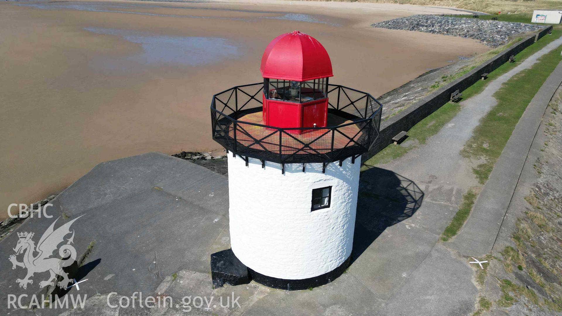 Oblique view of Burry Port Lighthouse, looking northwest on 01/04/2025.