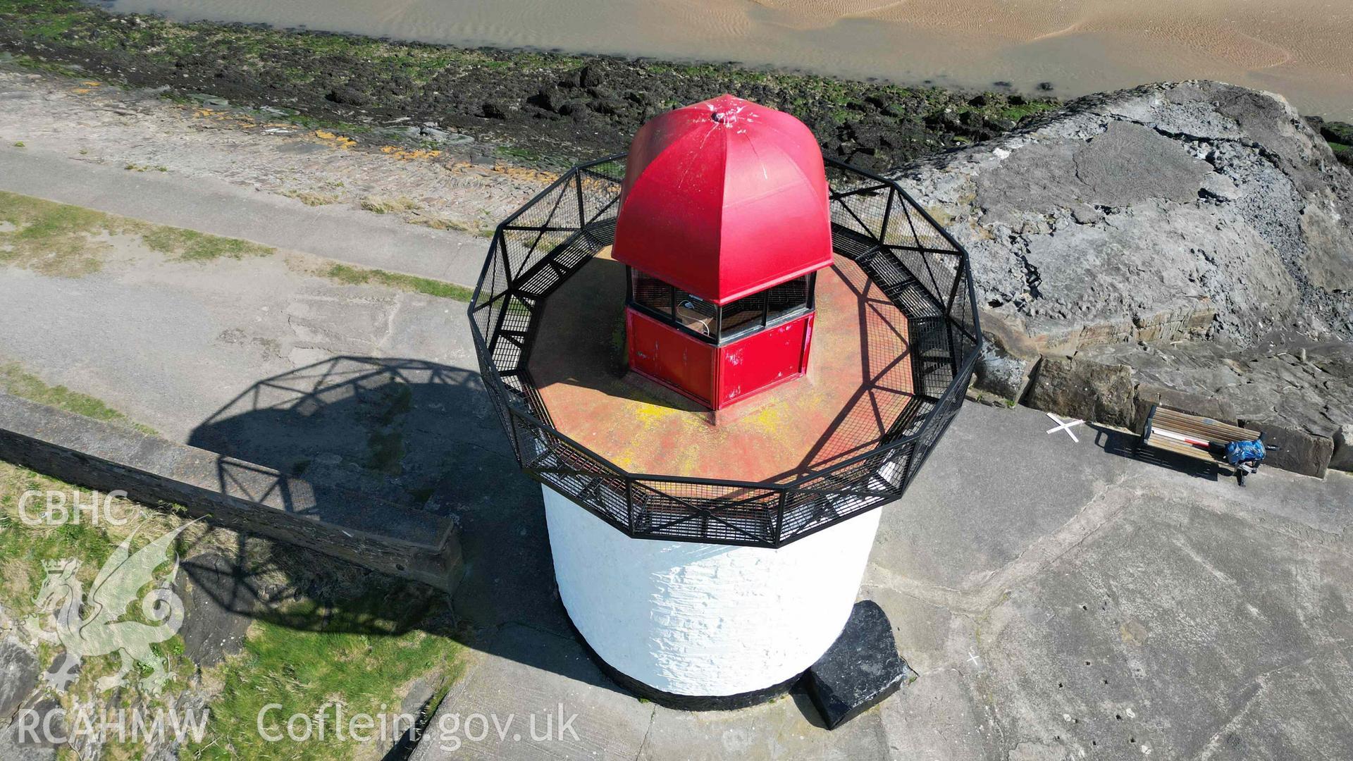 Oblique view of the lantern of Burry Port Lighthouse, viewed from the west, on 01/04/2025.