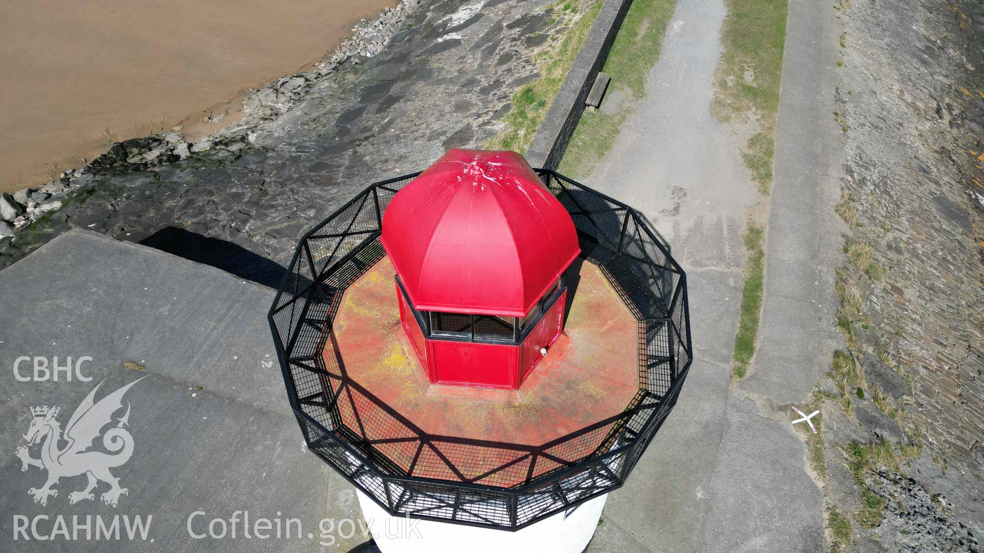 Oblique view of the lantern of Burry Port Lighthouse, viewed from the south, on 01/04/2025.