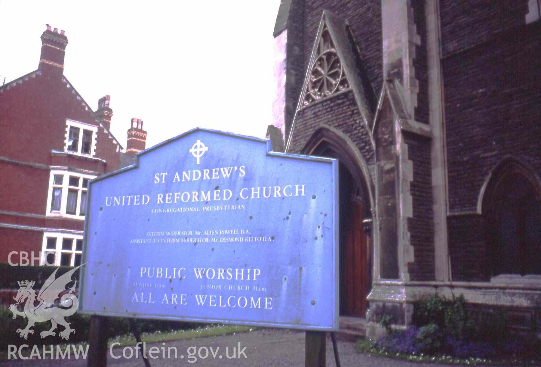 St Andrews English Presbyterian Church, Roath, Cardiff, noticeboard in 1996