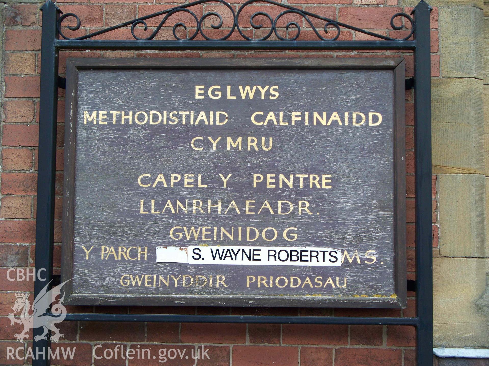 Pentre Welsh Calvinistic Methodist Chapel, Pentre, Llanrhaeadr, noticeboard, still in use for worship 2025
