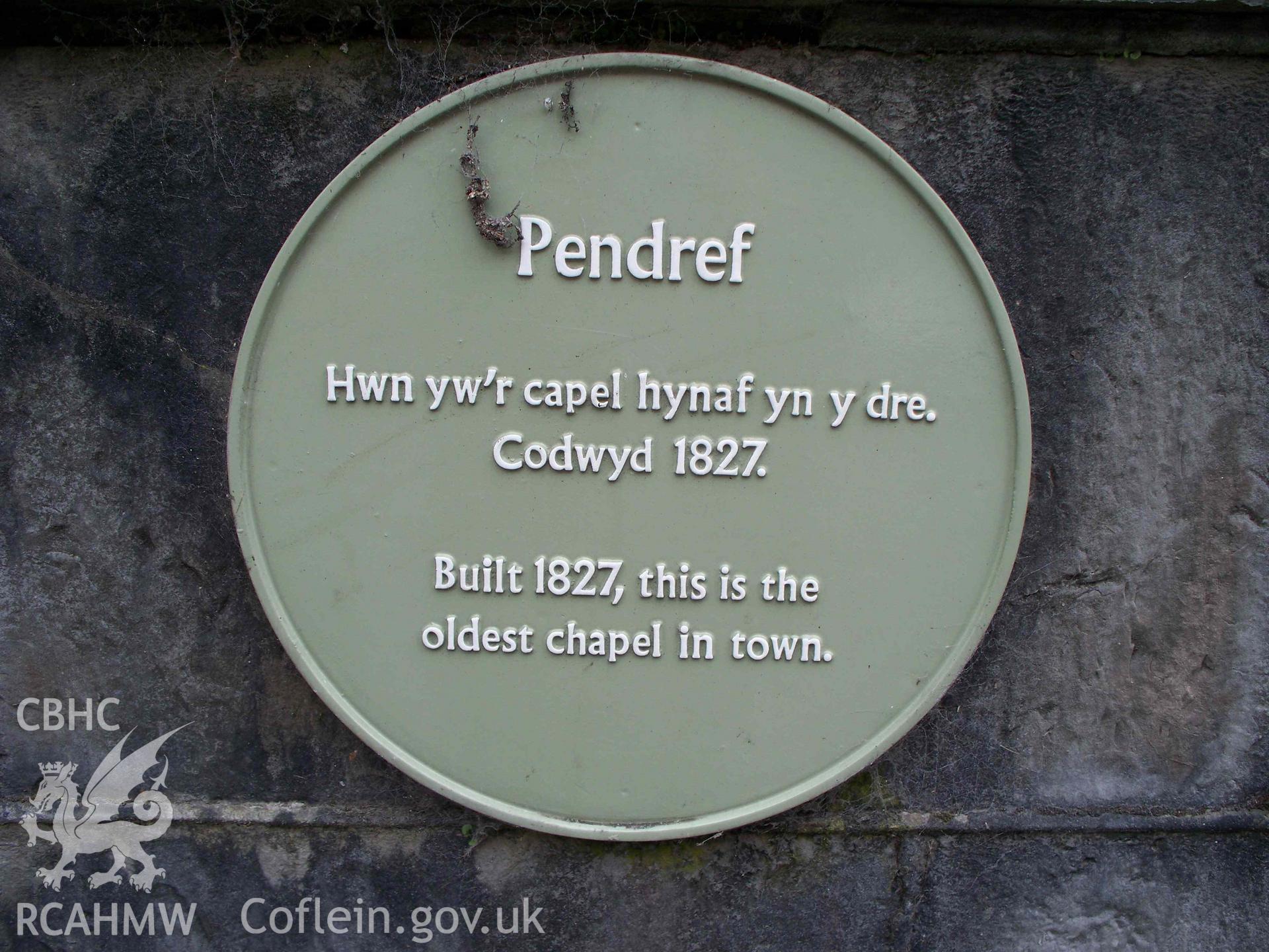 Pendref Welsh Independent Chapel, Ruthin, heritage plaque