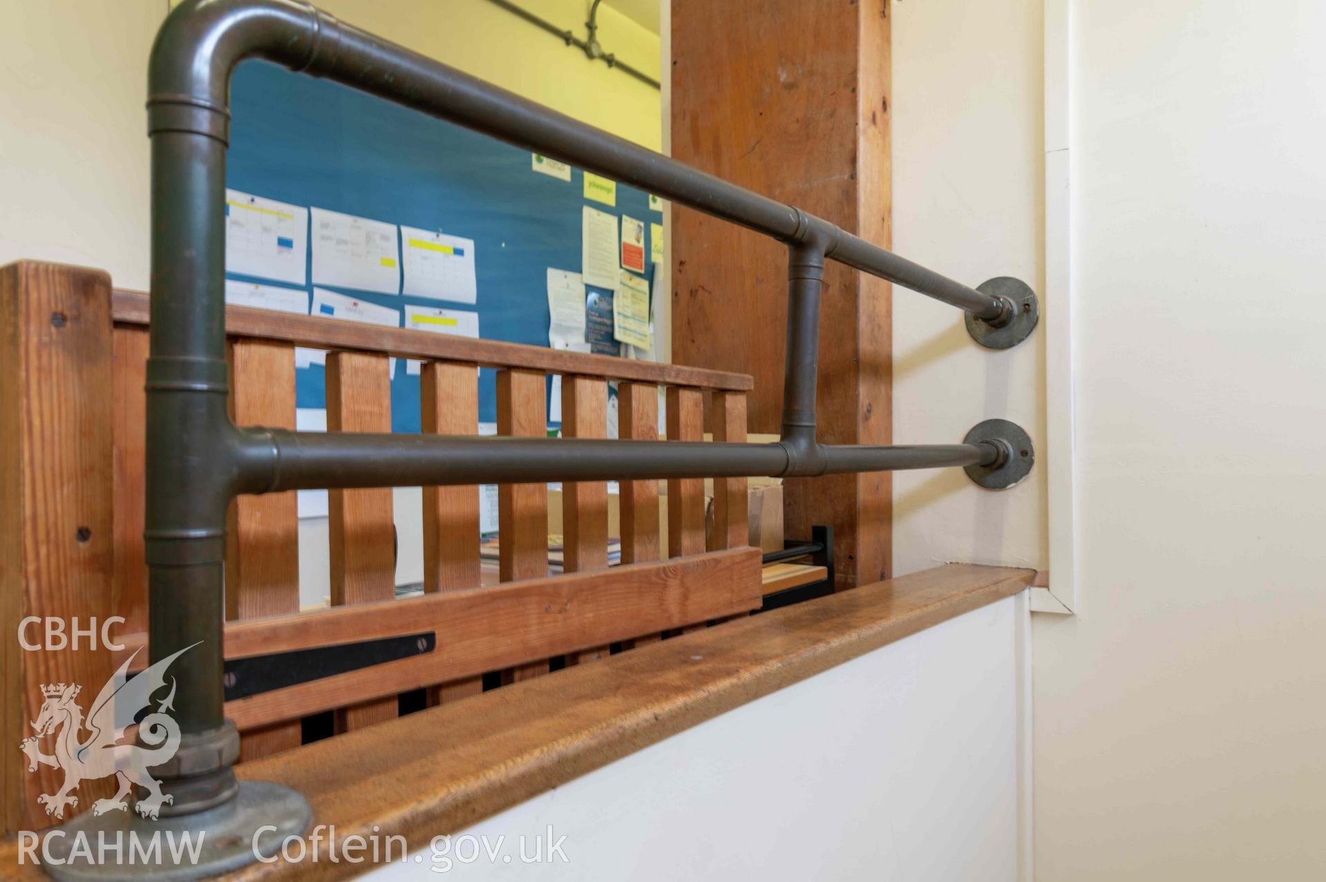 Ysgol Gynradd Beaumaris, staircase in entrance block, detail of rail at top (see numbered plan 4)