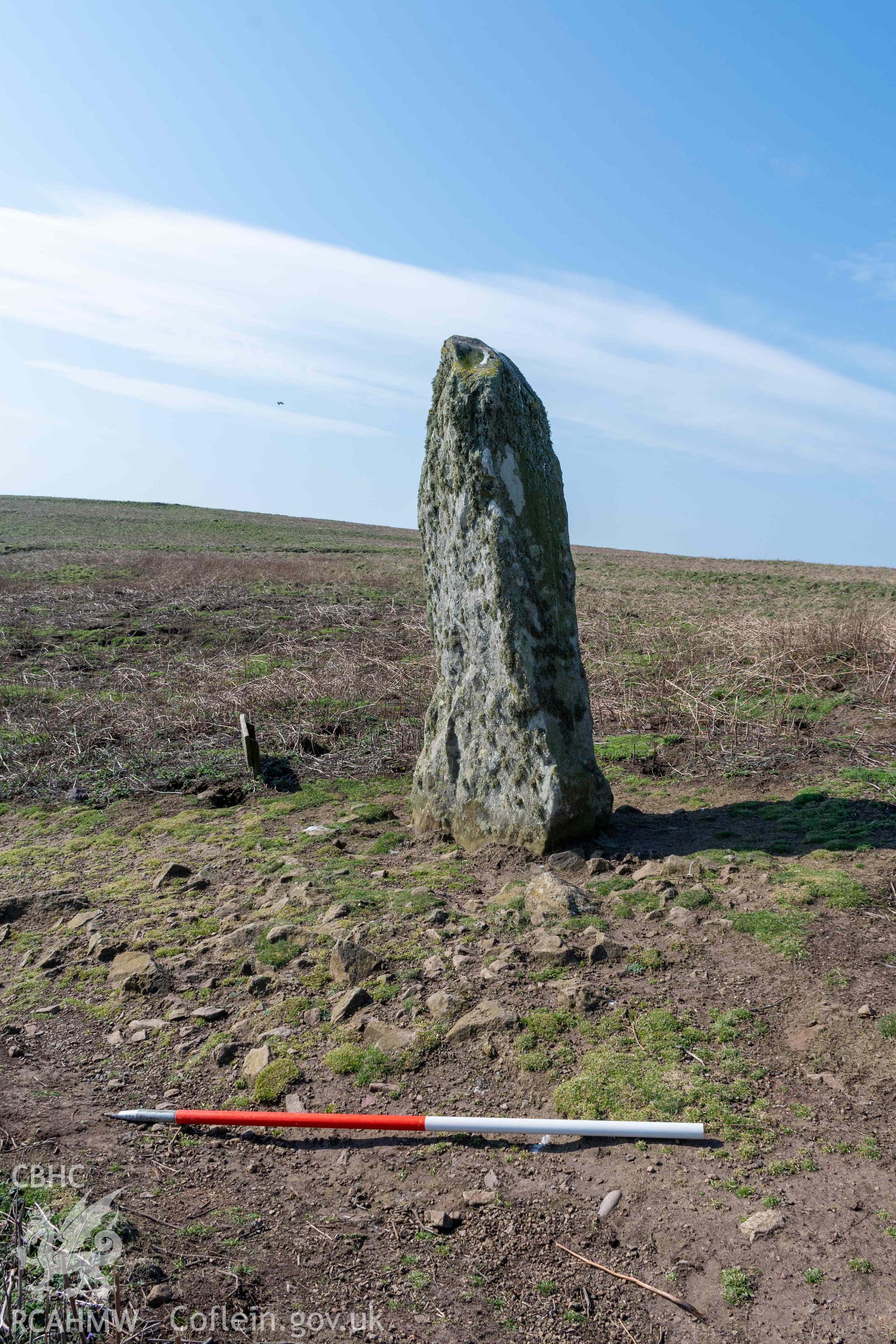 Harold Stone Standing Stone. View from the northeast showing exposed stone platform on the east side of the stone (with scale).