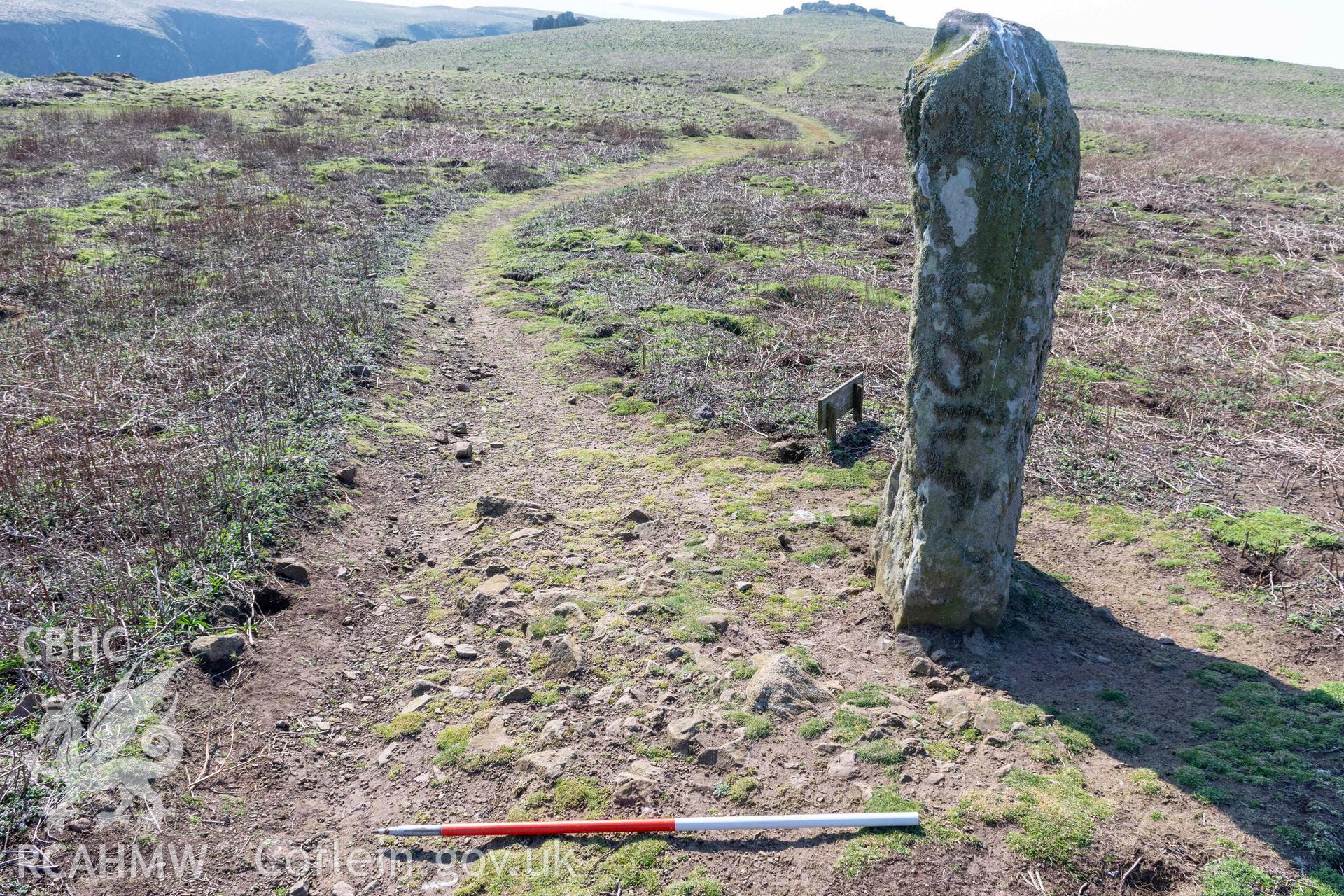 Harold Stone Standing Stone. View from the north showing exposed stone platform on the east side of the stone (with scale).