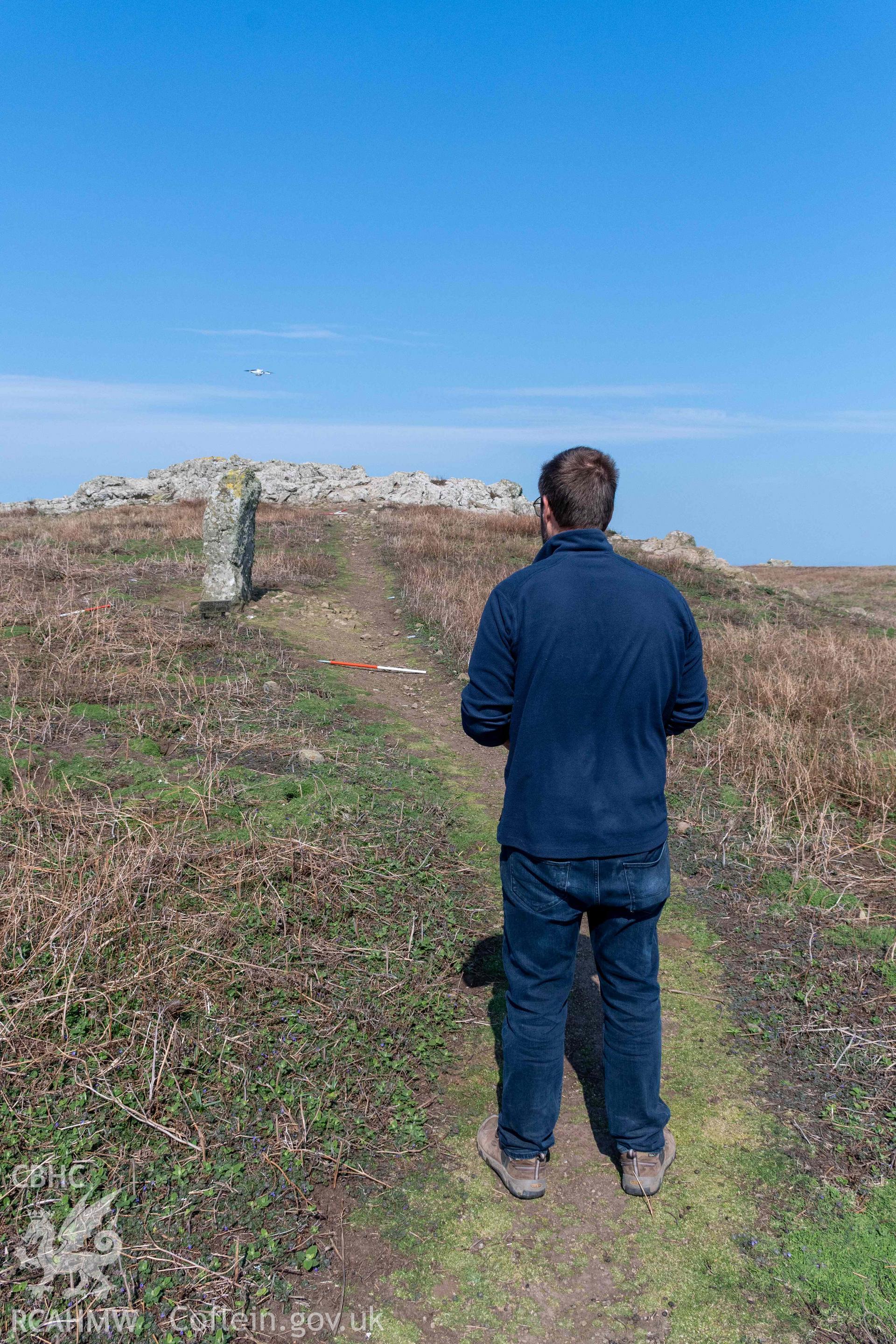 Harold Stone Standing Stone. Permitted RCAHMW UAV survey in progress at the stone on the 3 April 2025.