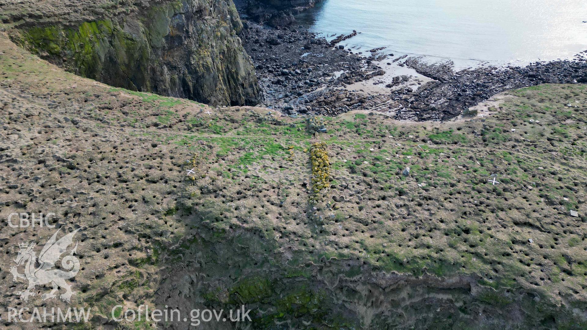UAV image from the north showing remains of building and  wall on the Neck Isthmus.