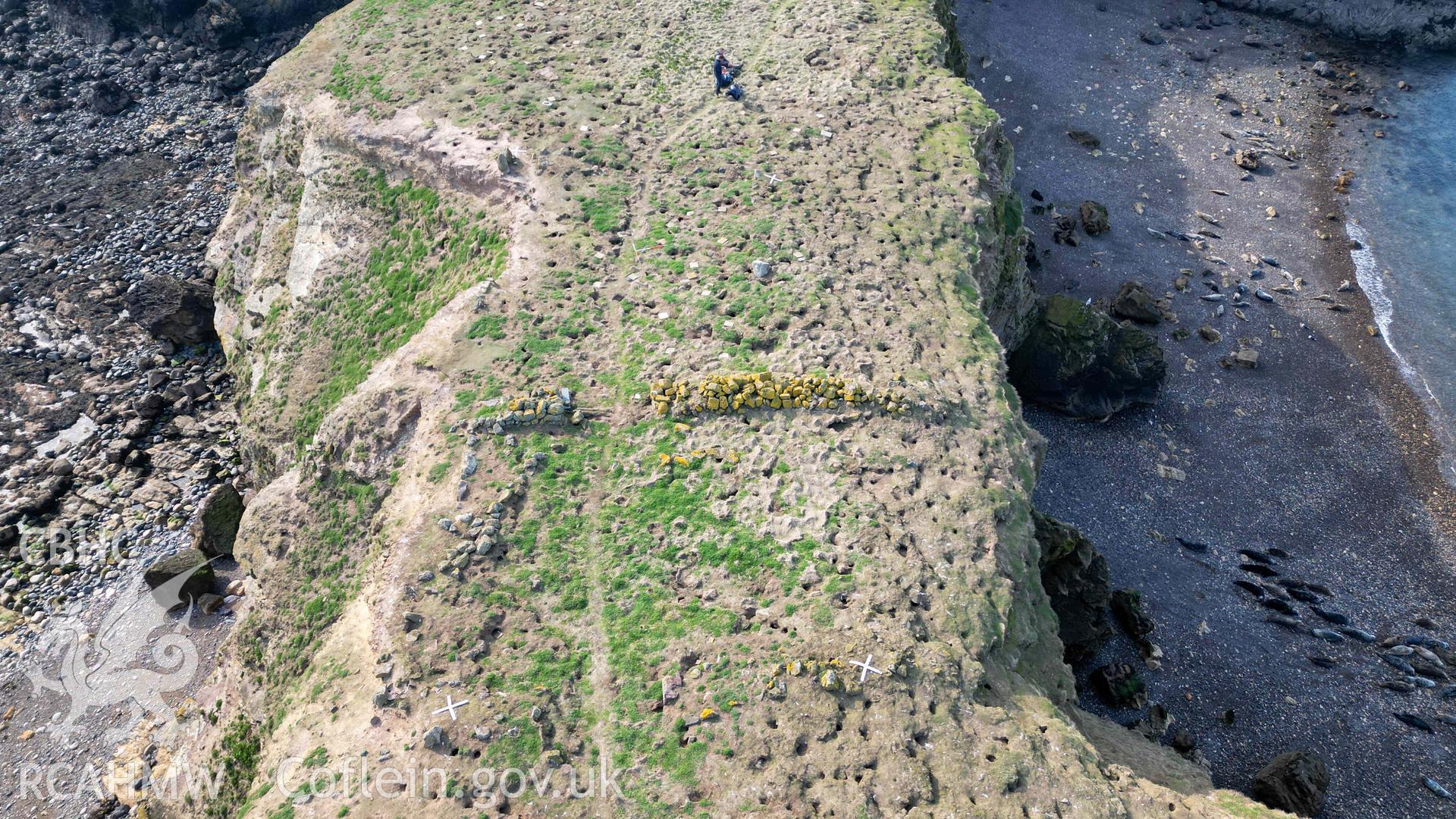 UAV image from the east showing remains of building and  wall on the Neck Isthmus.