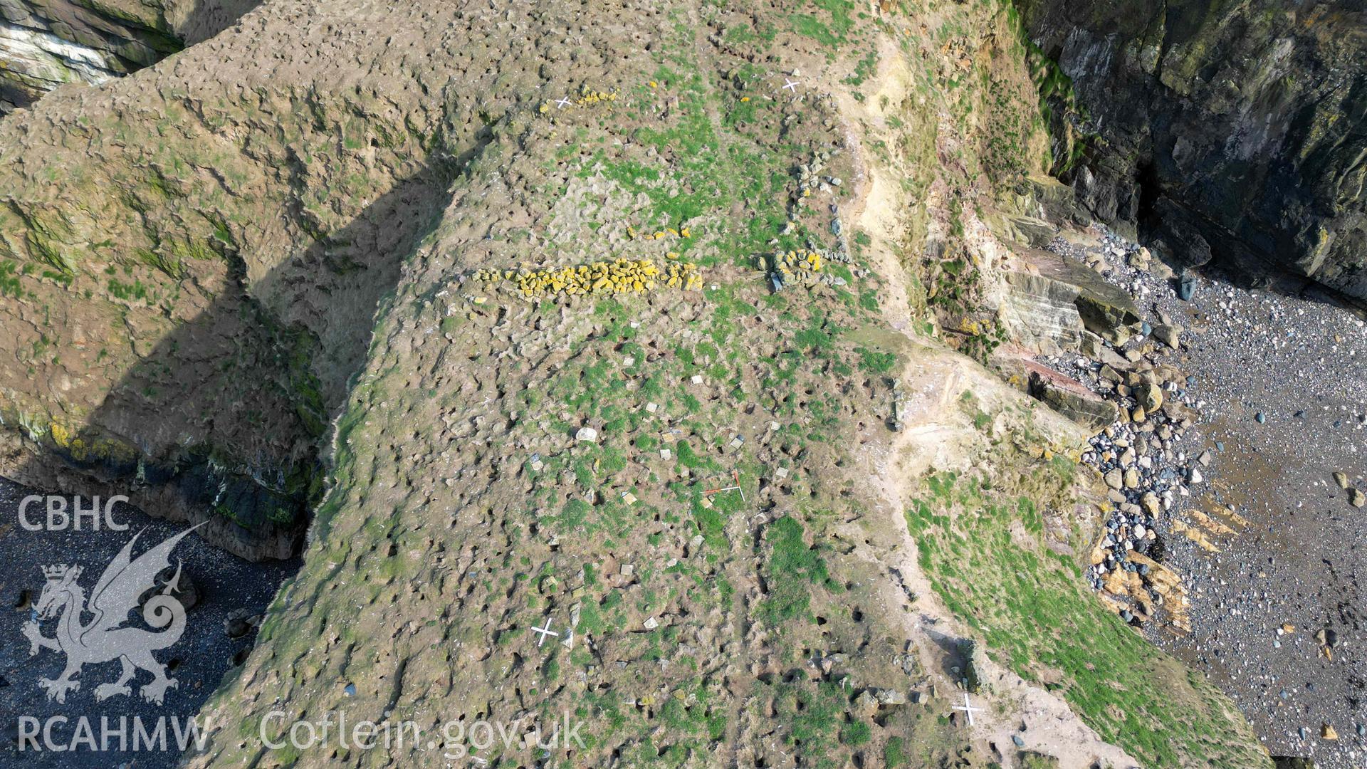 UAV image from the west showing remains of building and  wall on the Neck Isthmus.