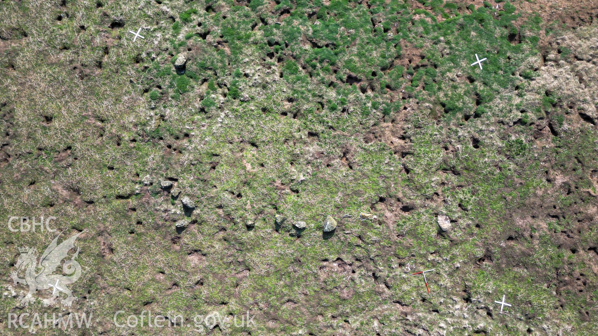 Vertical UAV image of the Churchyard stone setting on the Neck, Skomer Island.