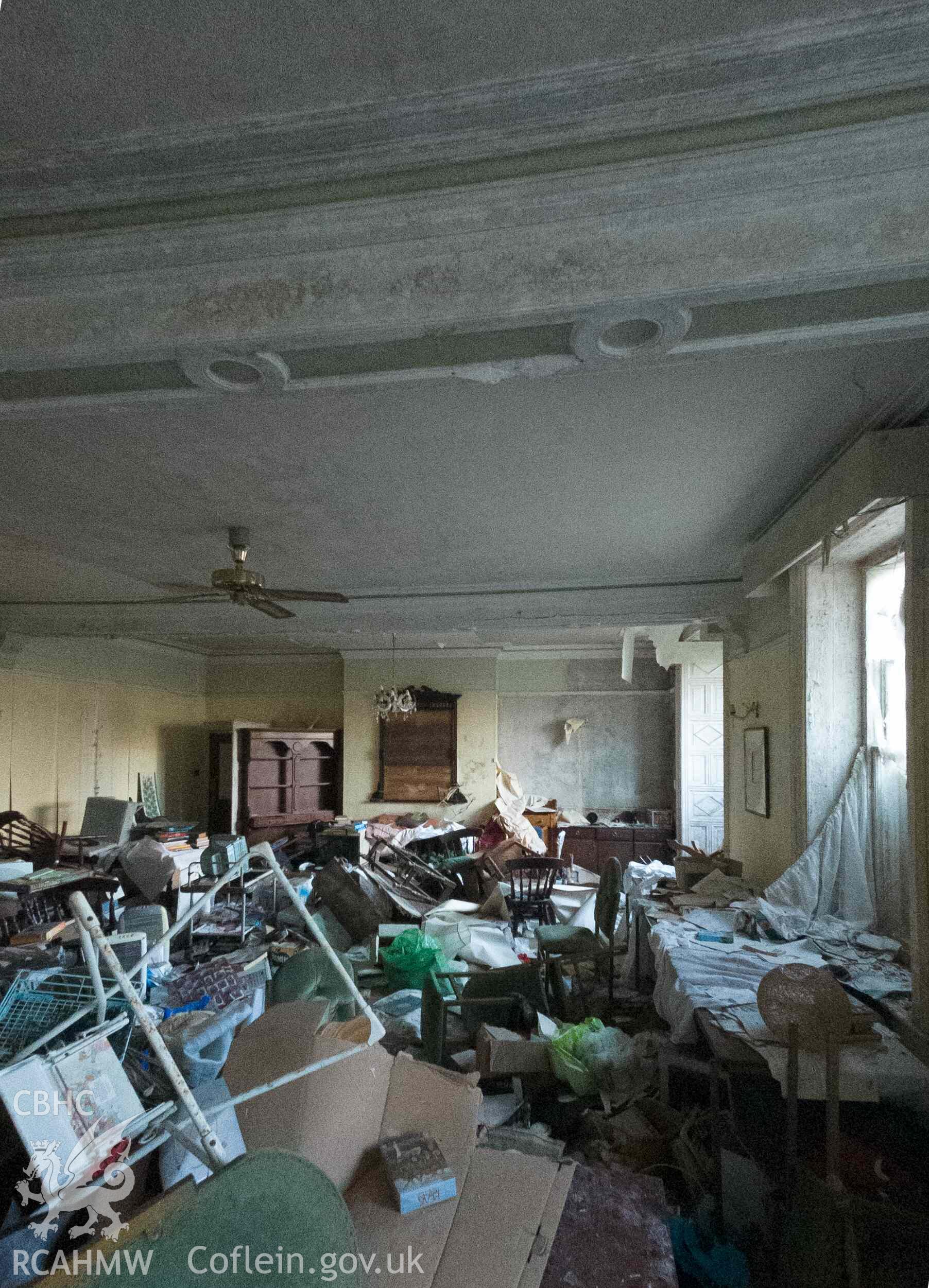 Corbett Arms Hotel, view through window into dining room with panelled cross beams  looking north (DJI action camera)