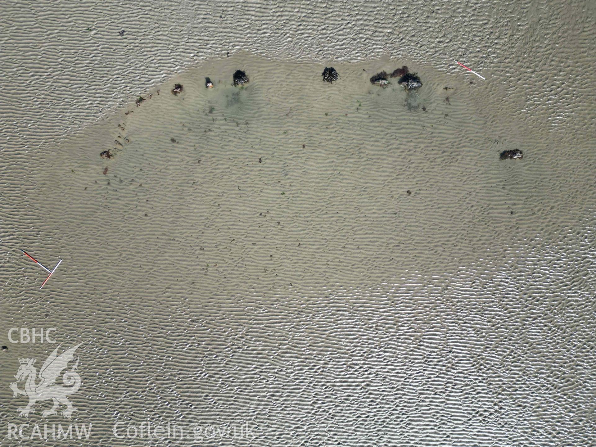 Overhead view of the main hull structure, forming the eastern part of Goodwick Wreck 02. Image taken on 30/03/2025, scales are 1m.