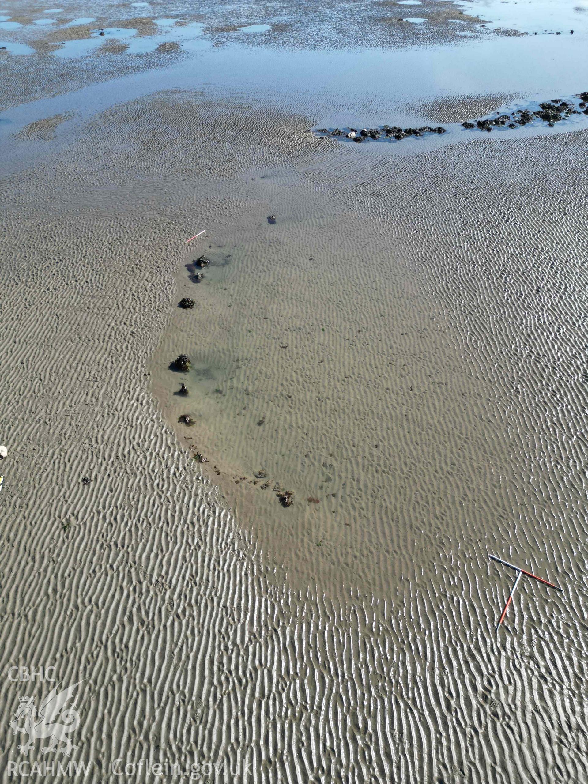 Oblique view of the main hull structure, forming the eastern part of Goodwick Wreck 02, looking south on 30/03/2025. Scales are 1m.
