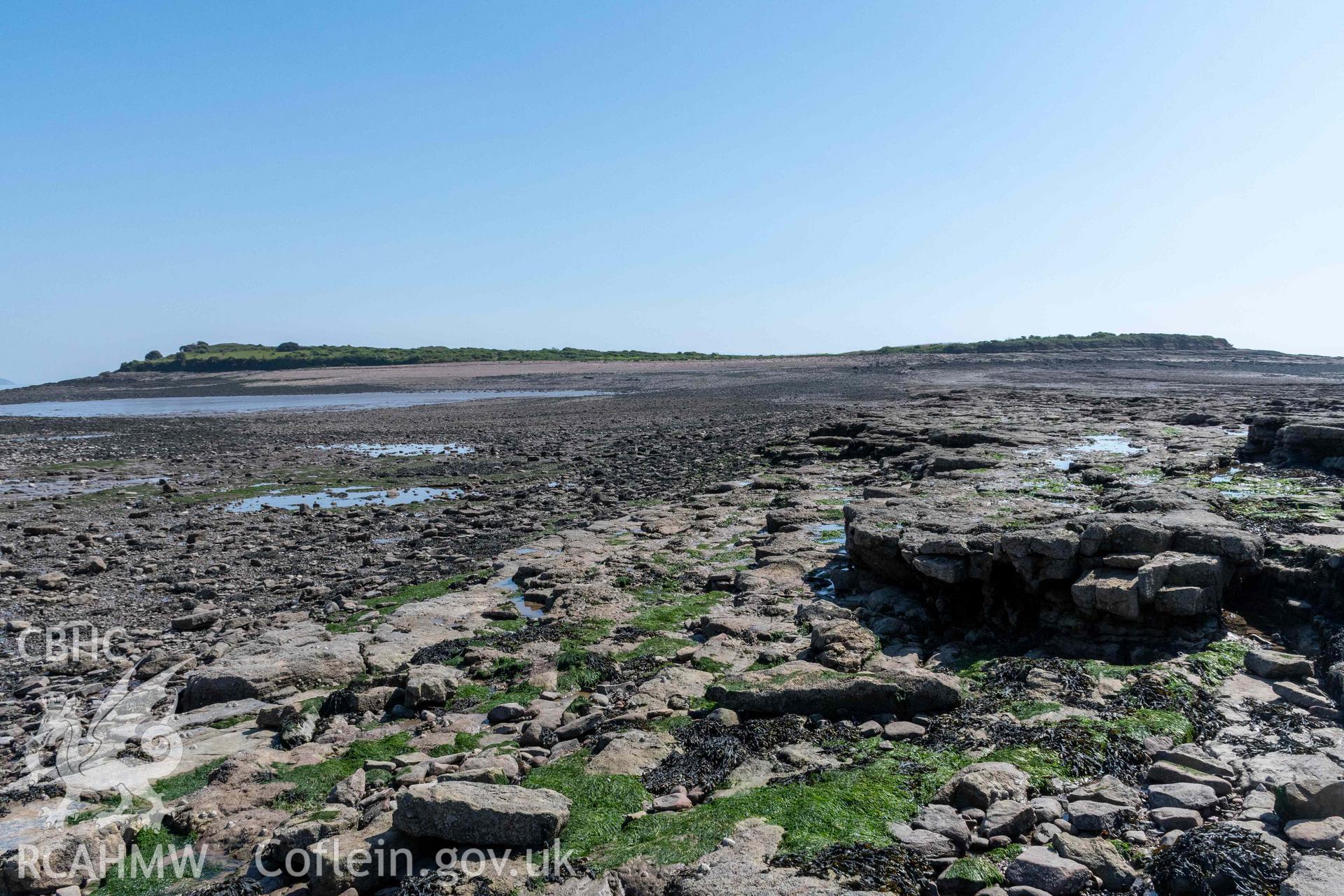 Sully Island Promontory Fort. View of Island, fort and causeway from mainland at low tide.