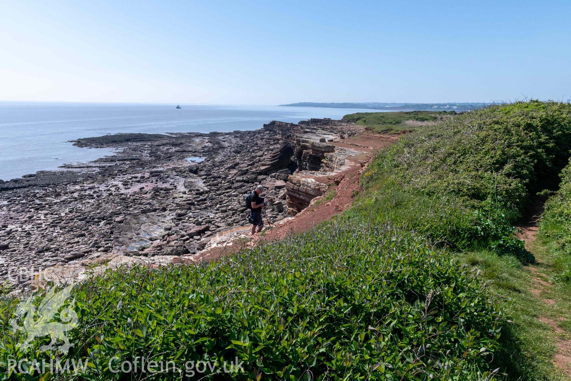 Sully Island Promontory Fort. View looking west along eroding southern edge of promontory fort and island.