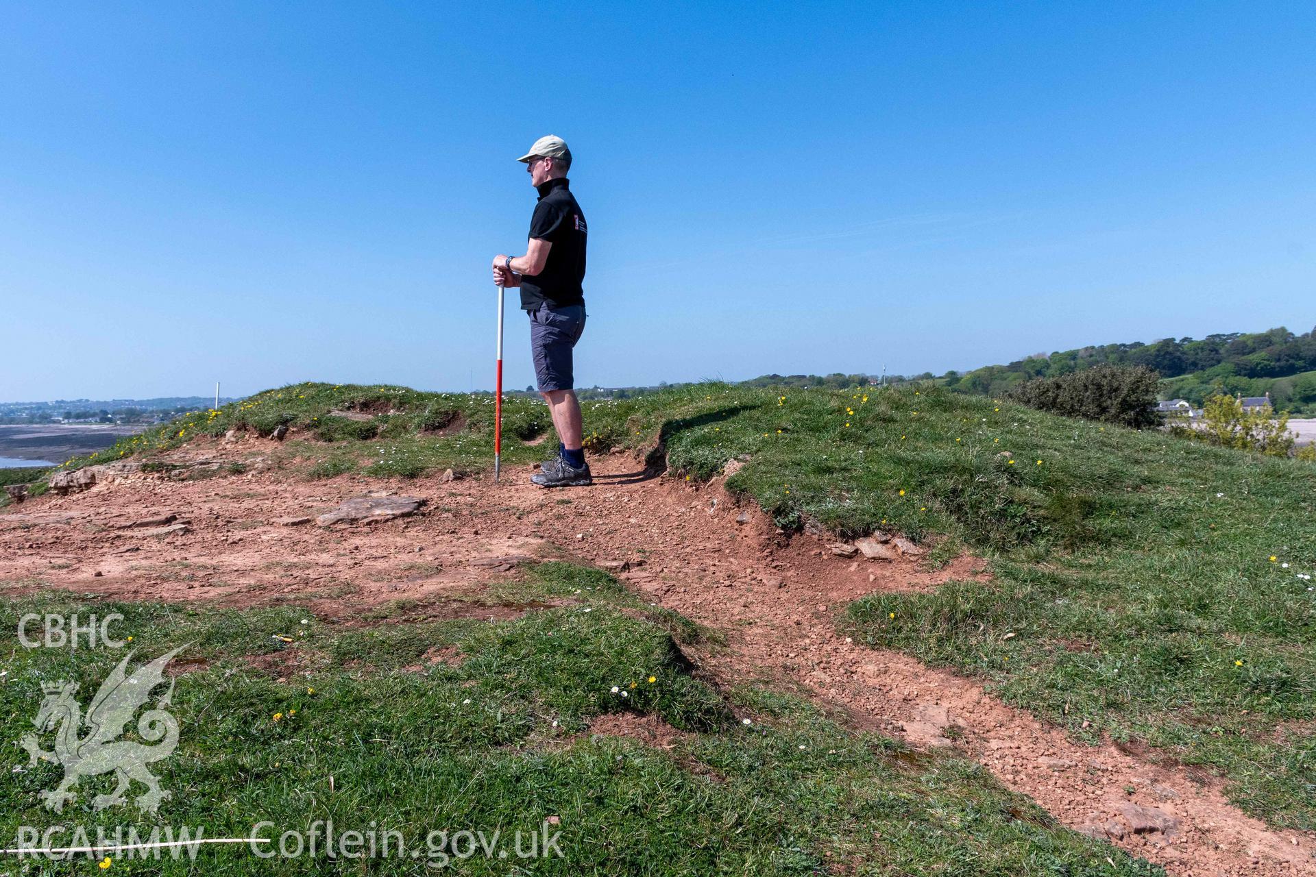 Sully Island Promontory Fort. Looking northwest across eroding edge of round barrow set at highest point on the eastern tip of the island.