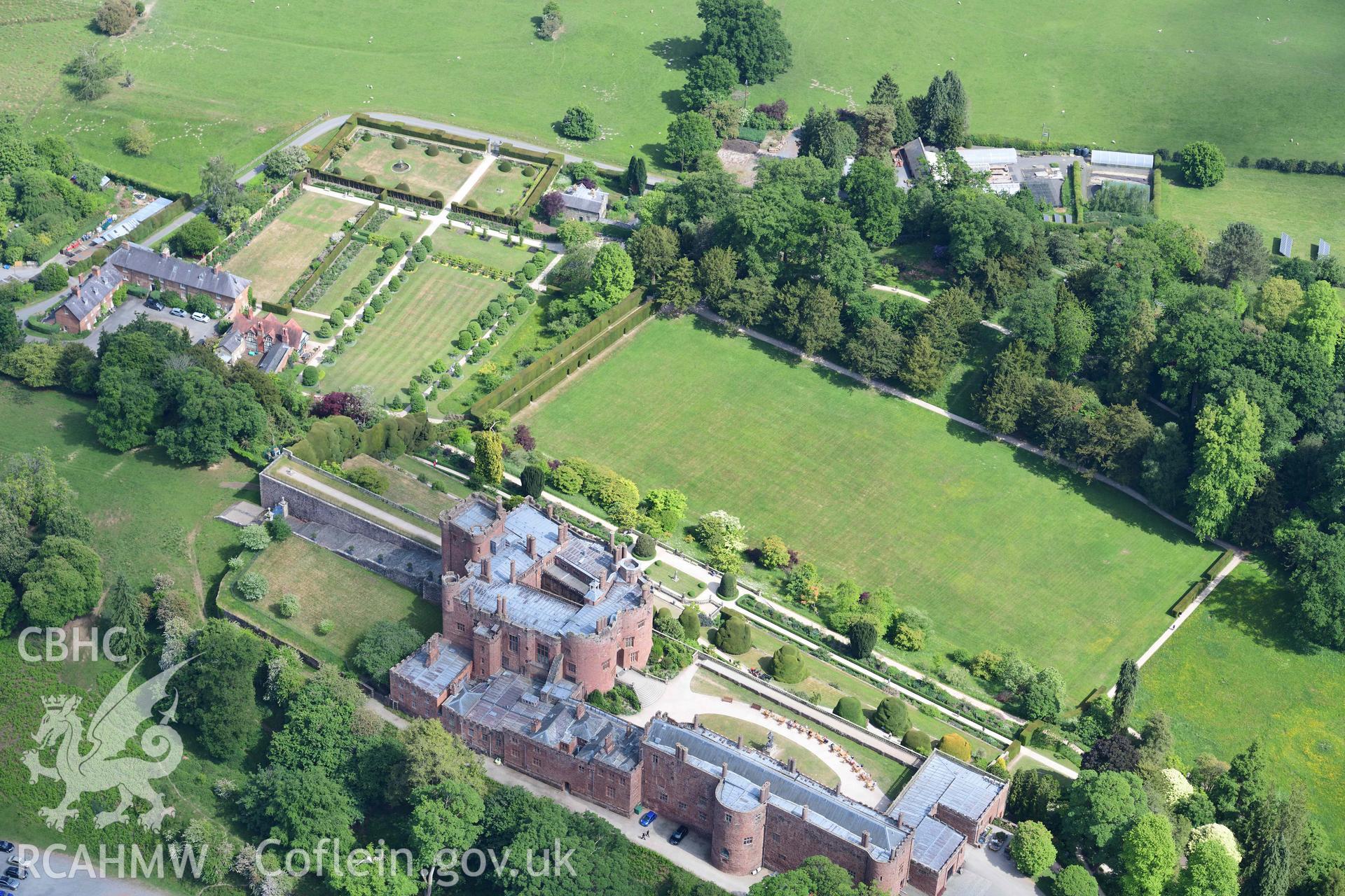 Aerial photograph showing Powis Castle gardens, taken on Monday 19th May 2025.