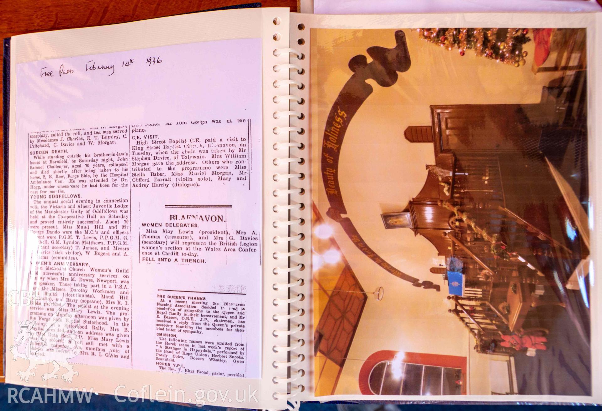 Zion Baptist Chapel - Interior: View of a newspaper cutting and an image of the pulpit within the folder