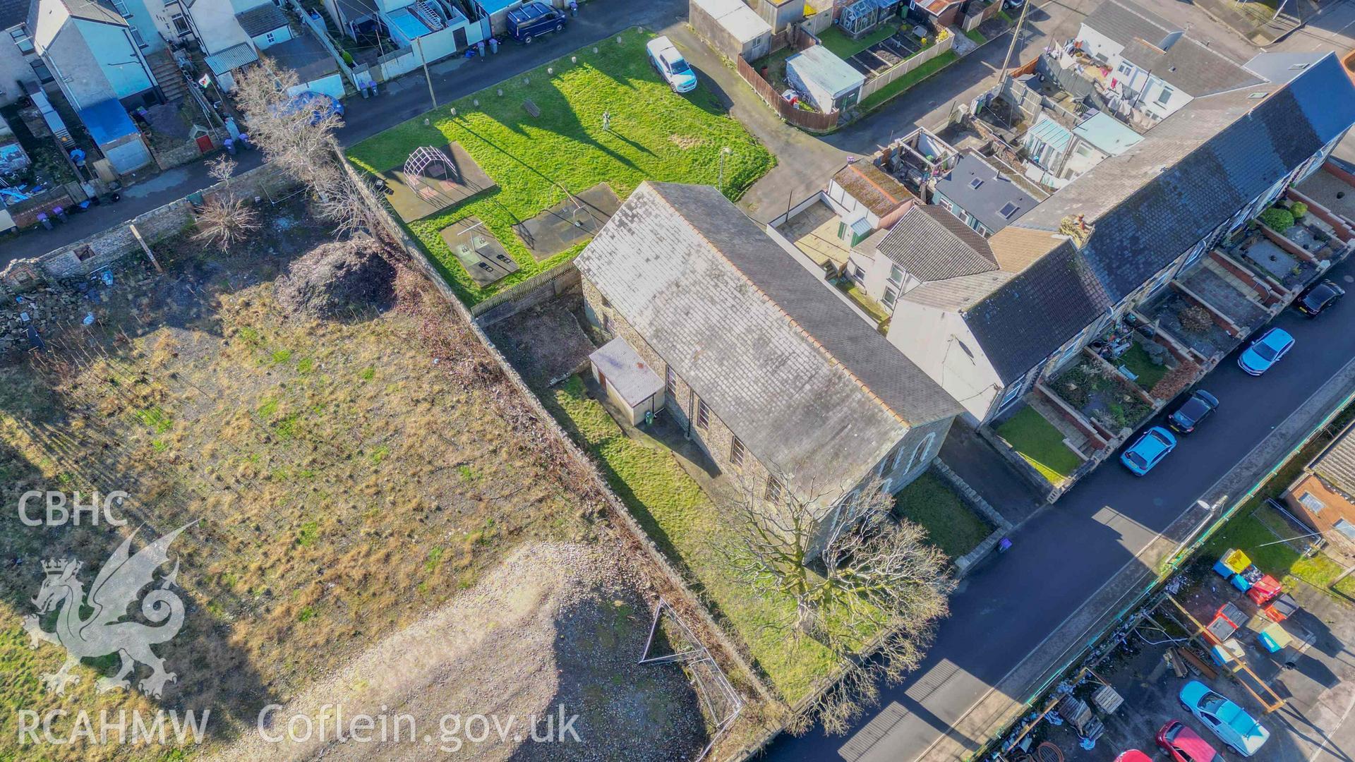 Zion Baptist Chapel - Aerial: View of the chapel's Northern and Eastern elevations, taken from East