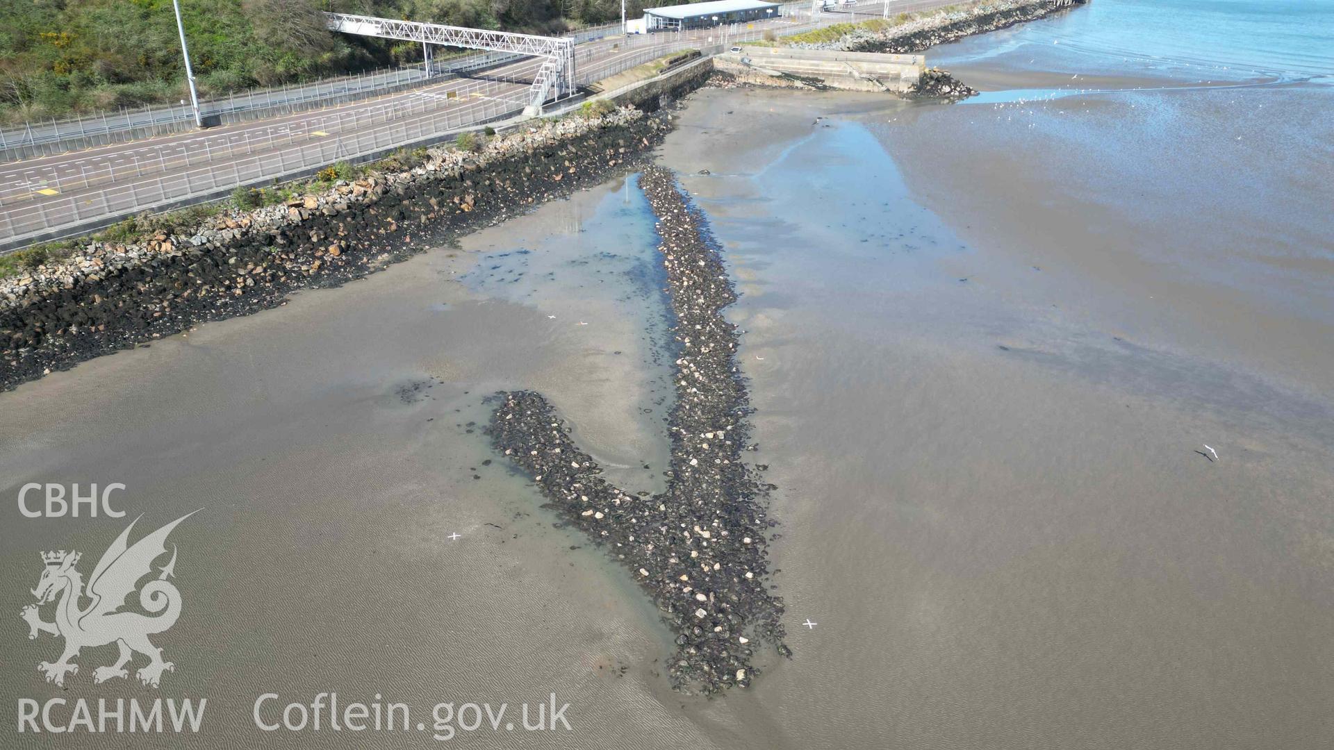 Oblique view of Goodwick Fish Trap 1 at low water on 30/03/2025, looking north.