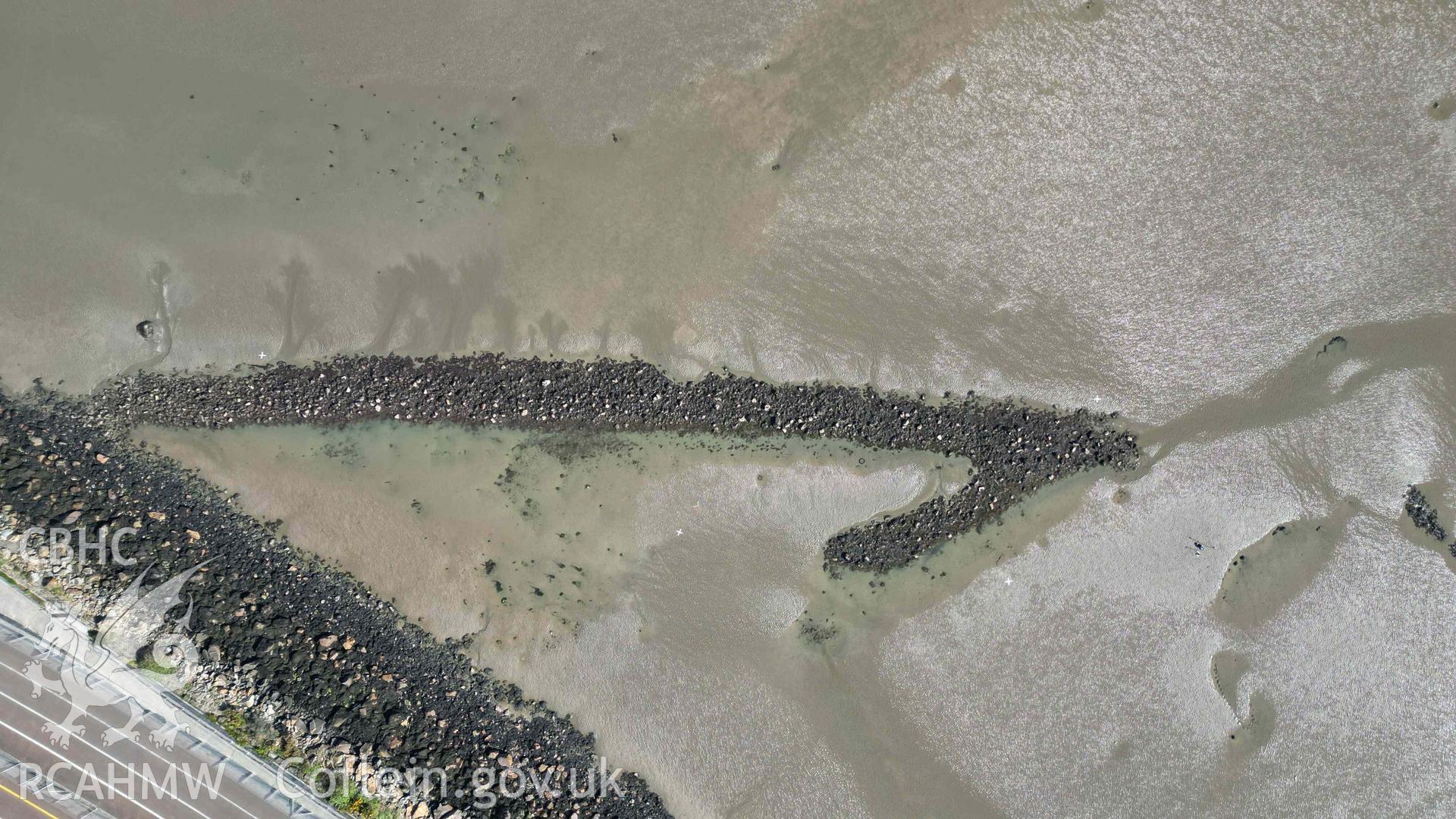 Overhead view of Goodwick Fish Trap 1 at low water on 30/03/2025. North is to the left.