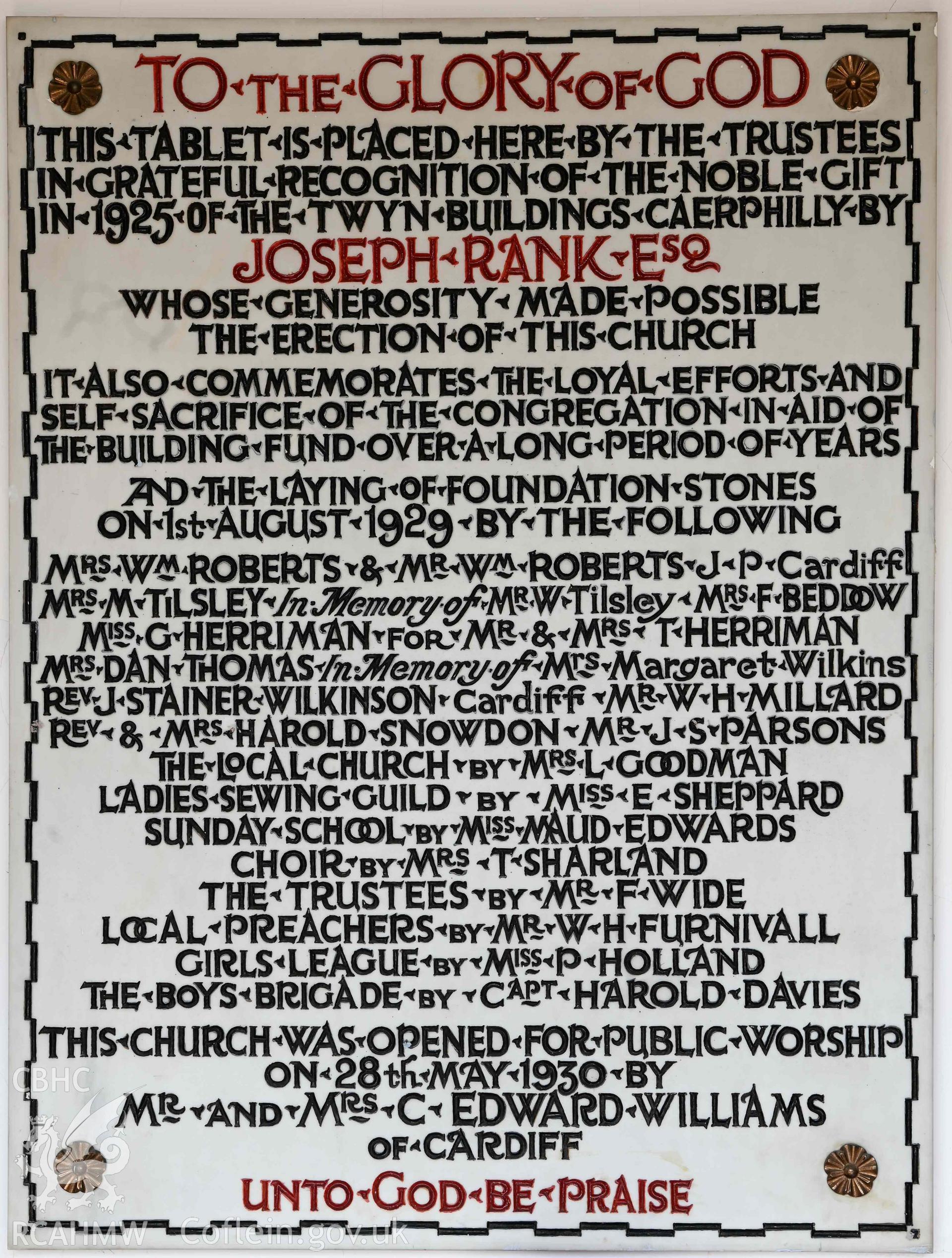 Wesleyan Methodist Chapel, vestibule - detail of commemorative plaque for the building of the chapel