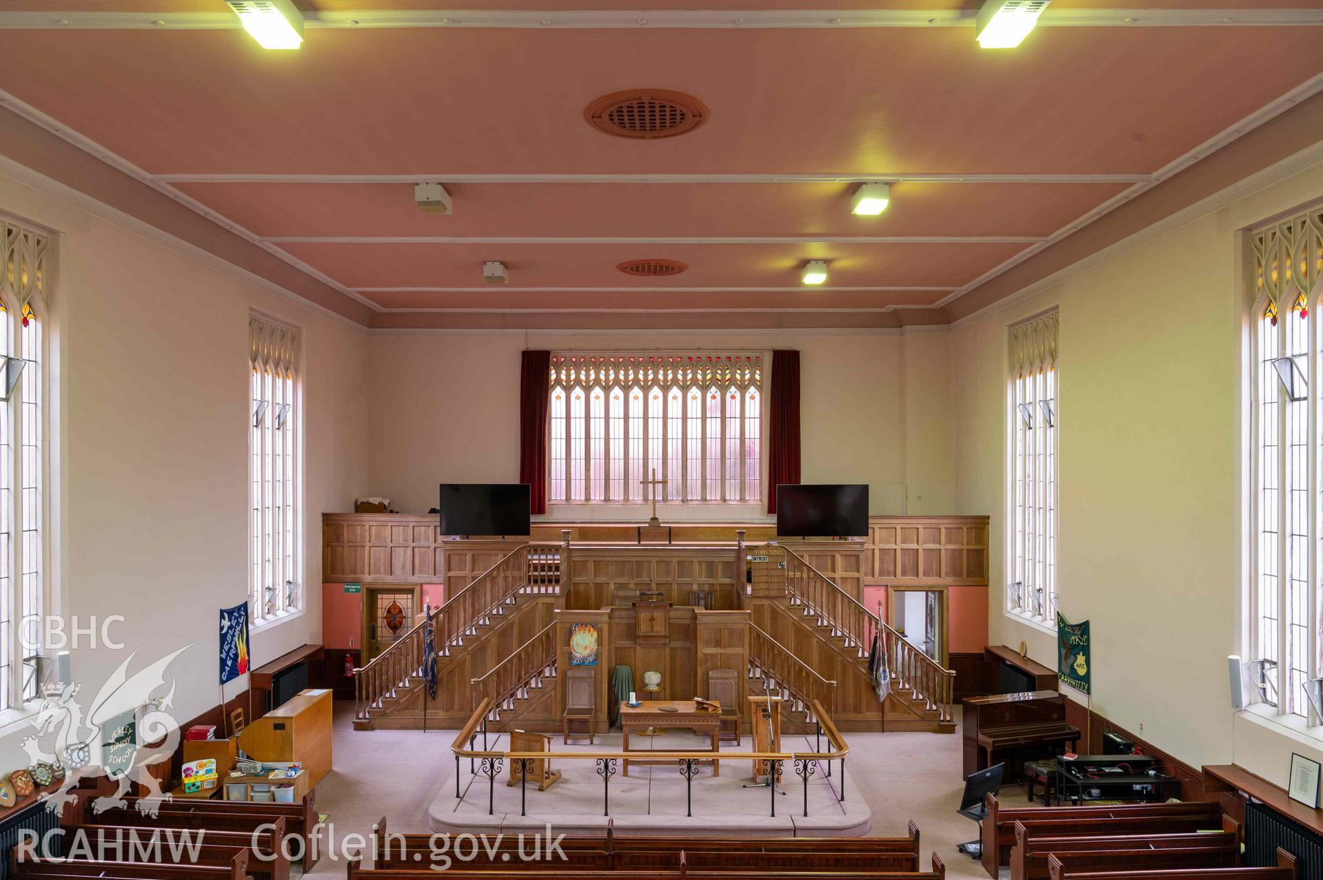 Wesleyan Methodist Chapel, auditorium looking west toward sedd fawr and pulpit