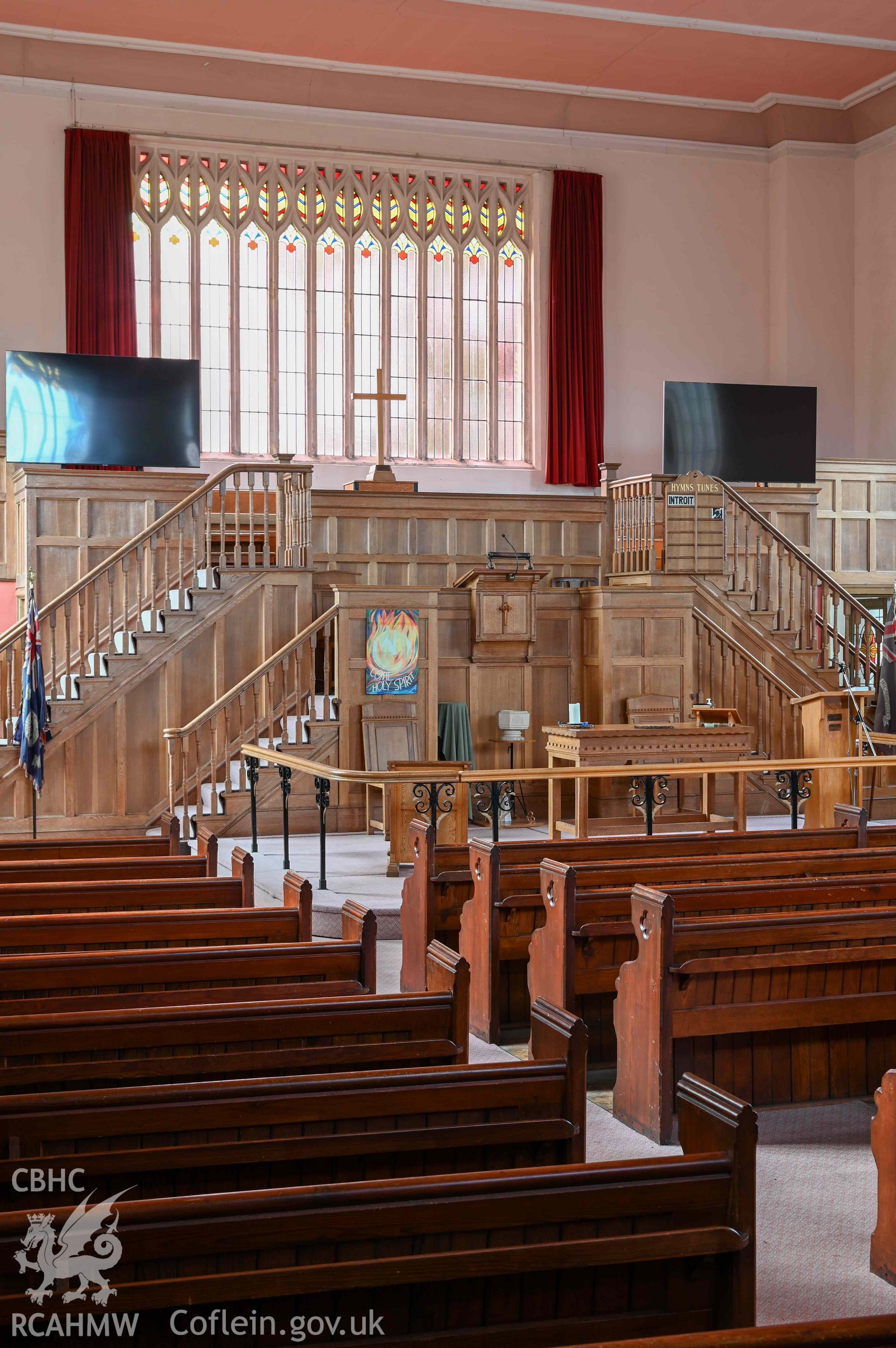 Wesleyan Methodist Chapel, auditorium looking north-west toward sedd fawr and pulpit